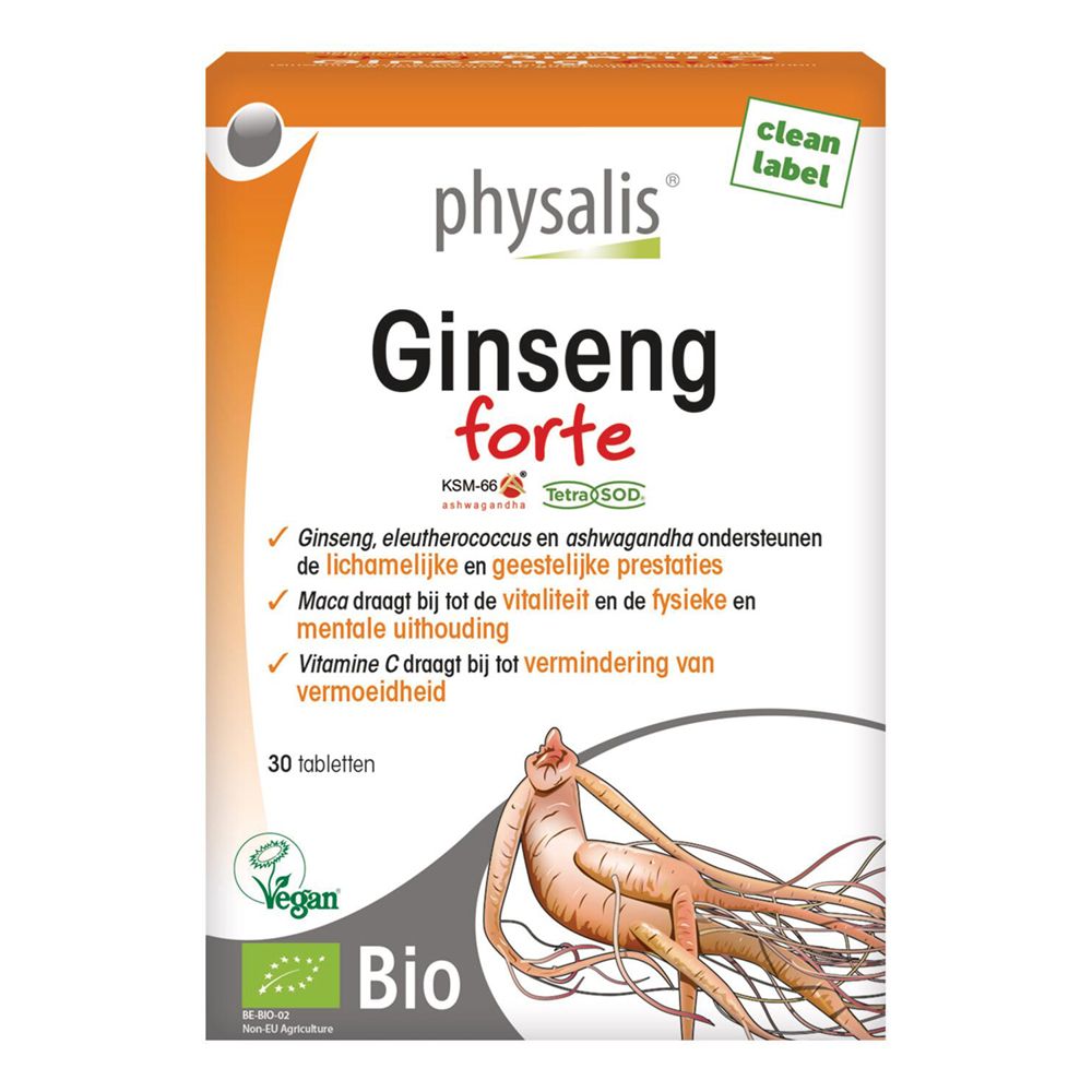 Doos Physalis Ginseng forte Bio. Tekst in het Nederlands. Bevat 30 tabletten. Bio-keurmerk en Vegan-logo.
