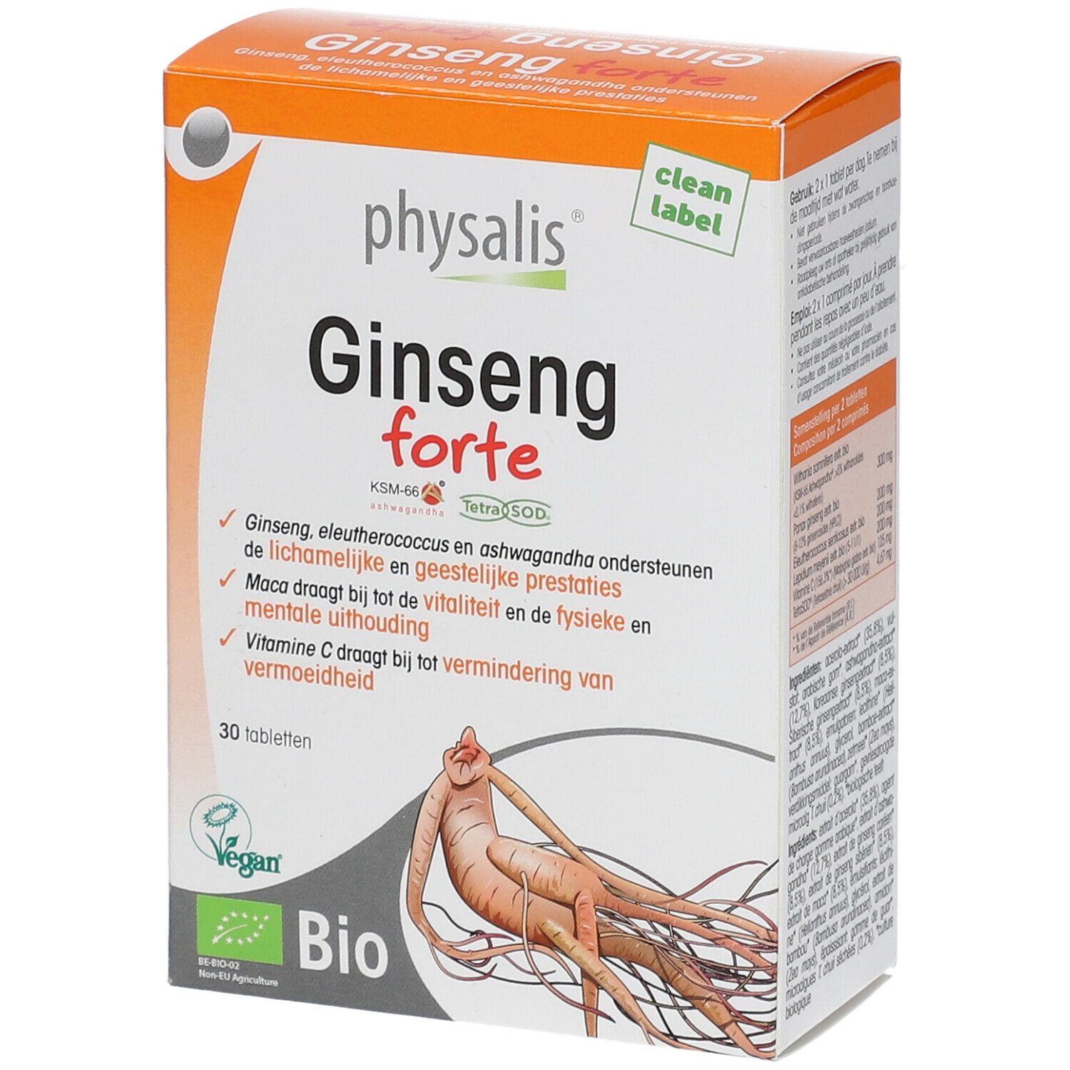 Doos Physalis Ginseng forte Bio. Oranje-wit ontwerp. Bevat 30 tabletten. Bio-keurmerk en Vegan-logo.