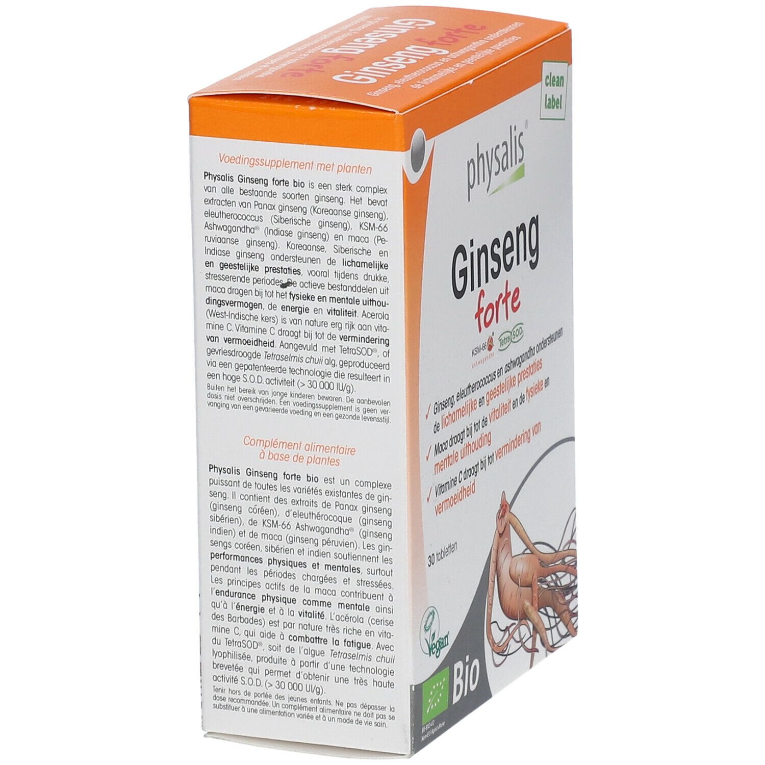 Doos Physalis Ginseng forte Bio. Tekst in het Nederlands. Bevat 30 tabletten. Bio-keurmerk en Vegan-logo.