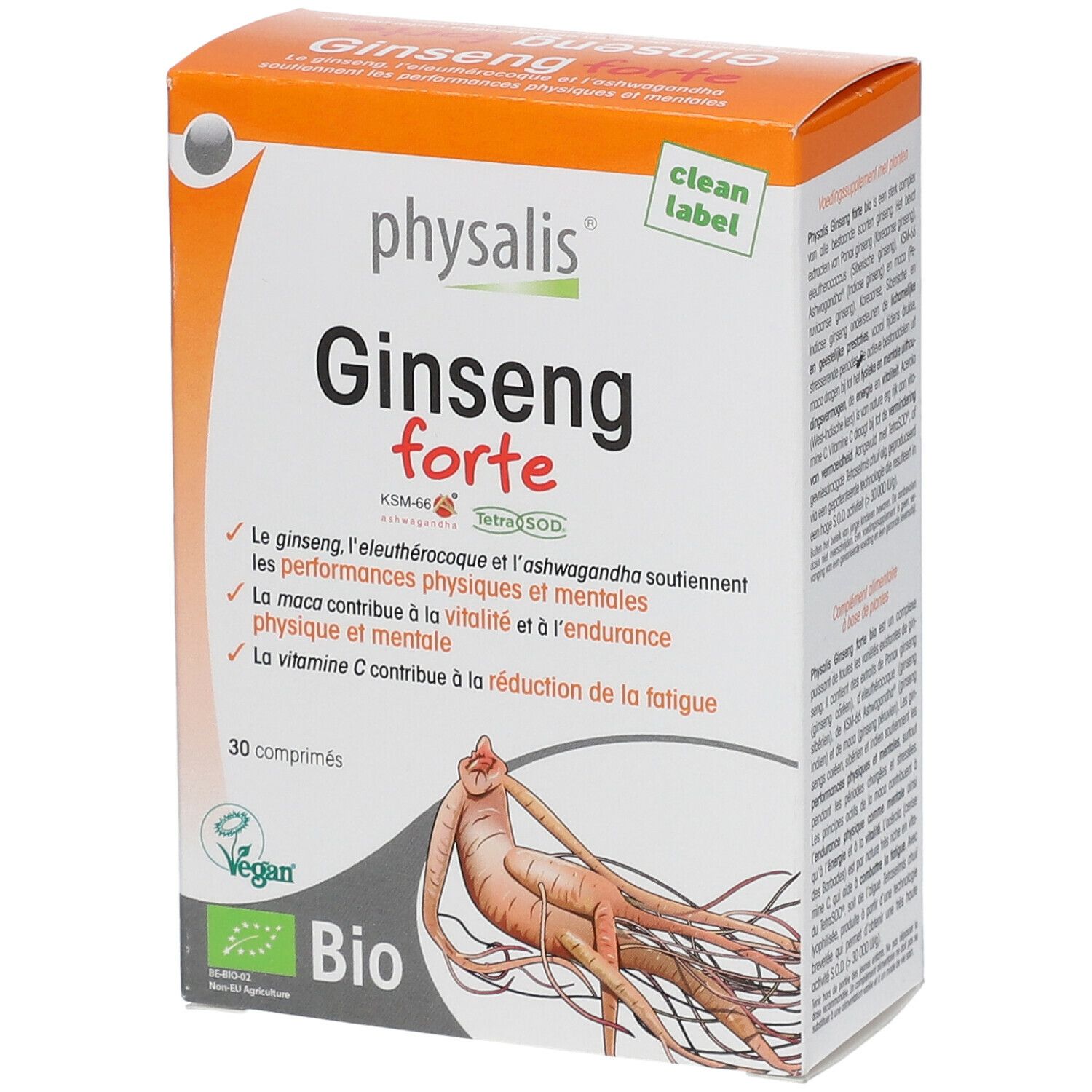 Doos Physalis Ginseng forte Bio. Oranje-wit ontwerp. Bevat 30 tabletten. Bio-keurmerk en Vegan-logo.