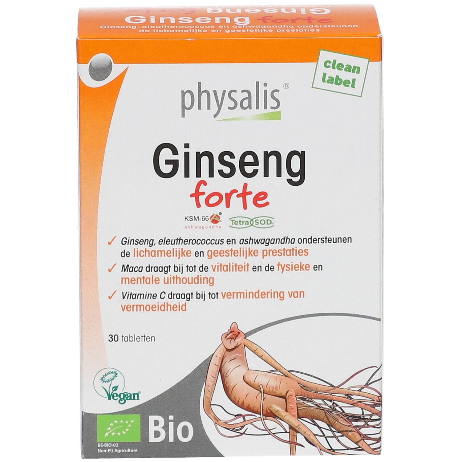 Doos Physalis Ginseng forte Bio. Oranje-wit ontwerp. Bevat 30 tabletten. Bio-keurmerk en Vegan-logo.