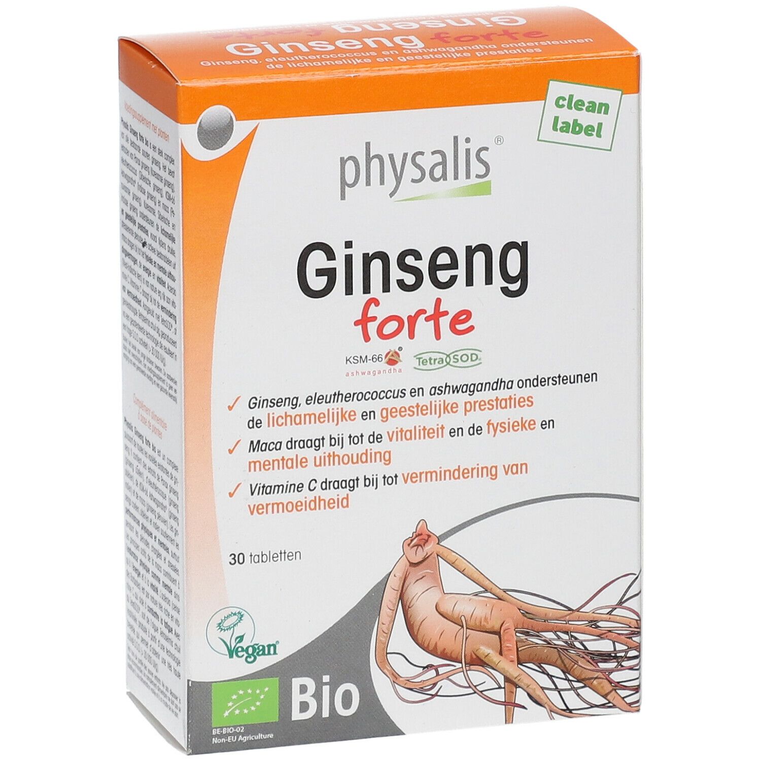 Doos Physalis Ginseng forte Bio. Oranje-wit ontwerp. Bevat 30 tabletten. Bio-keurmerk en Vegan-logo.