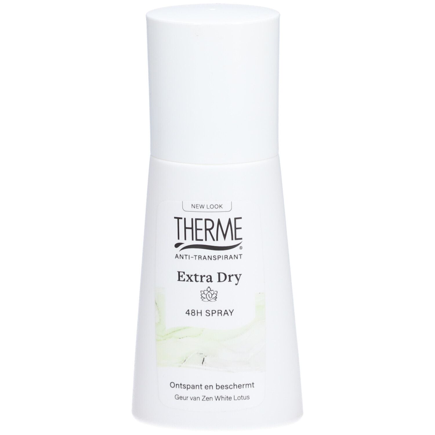Witte spray met witte dop. Opschrift: THERME, Extra Dry, 48H Spray. Illustratie: witte bladeren.