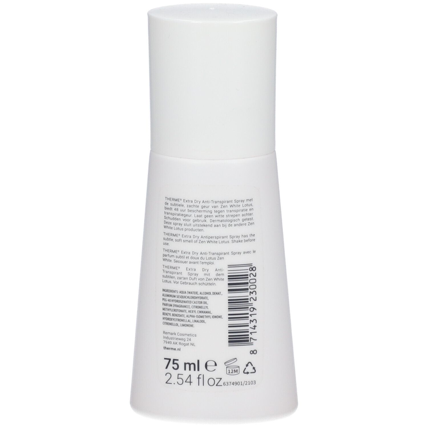 Witte spray, achterkant. Tekst: ingrediënten, barcode, 75 ml, 2.54 fl oz. Recyclingsymbool.