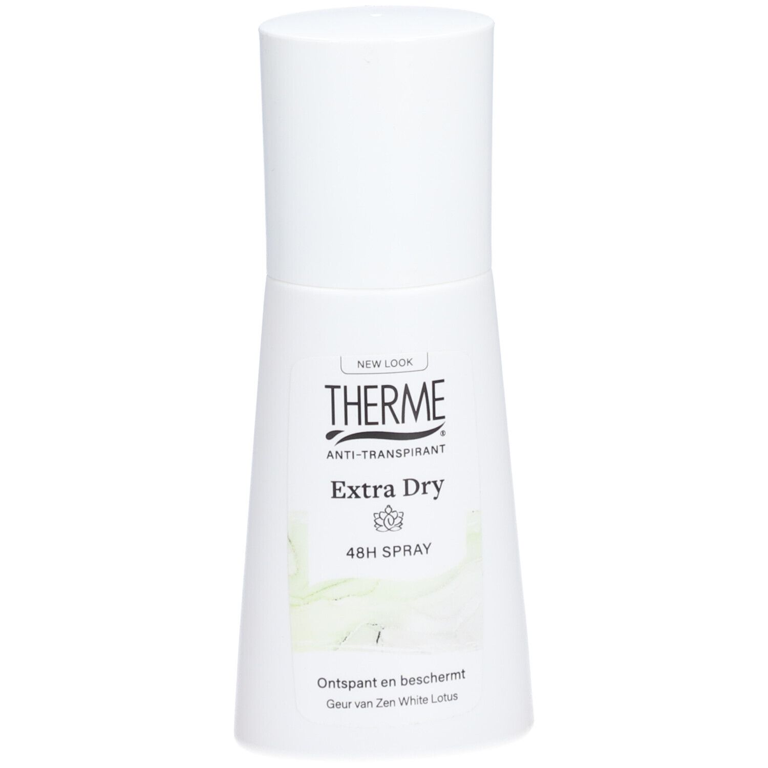 Witte spray met witte dop. Opschrift: THERME, Extra Dry, 48H Spray. Illustratie: witte bladeren.