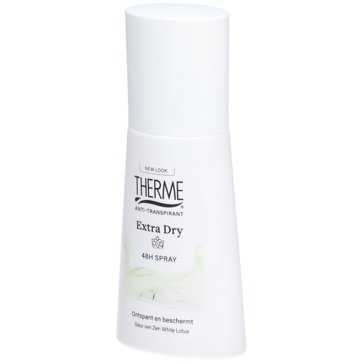 Witte spray met witte dop. Opschrift: THERME, Extra Dry, 48H Spray. Illustratie: witte bladeren.