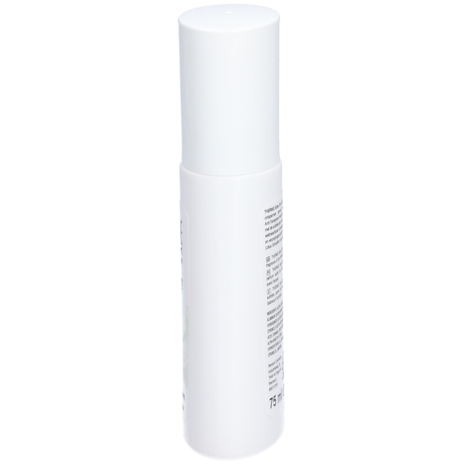 Witte spray met witte dop. Opschrift onleesbaar. Achterkant met tekst.