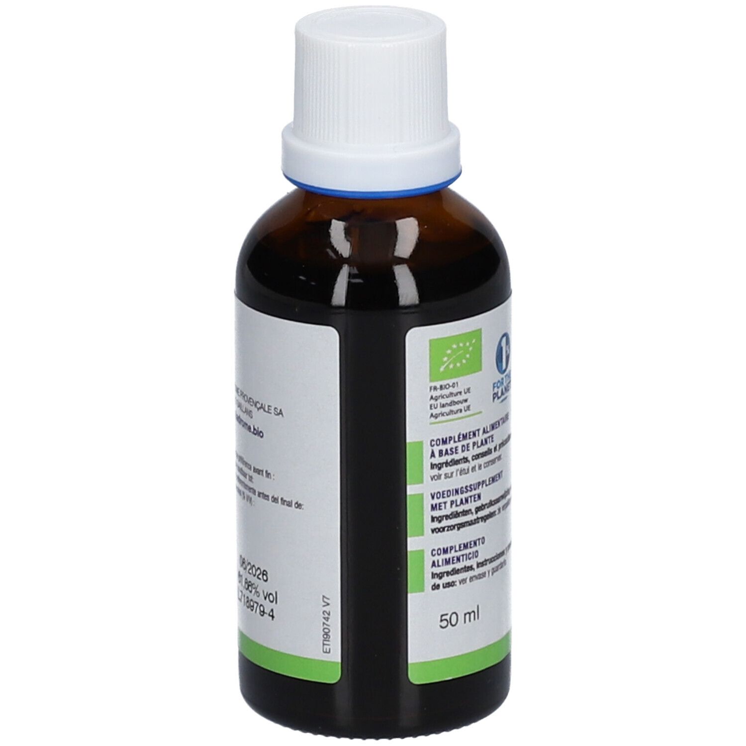 Flacon en verre brun avec bouchon blanc. Texte: Cardère Sauvage, Extrait de plante bio. Certification bio. 50 ml.