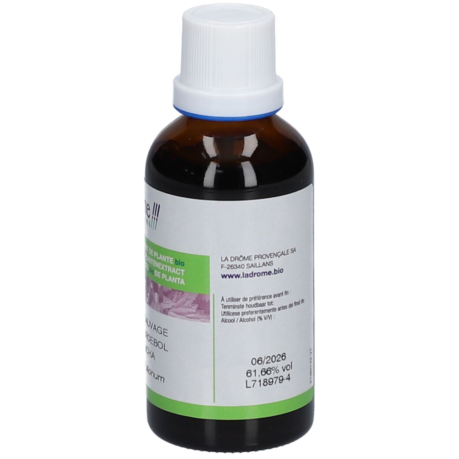 Flacon en verre brun avec bouchon blanc. Texte: Cardère Sauvage, Extrait de plante bio. Certification bio. 50 ml.