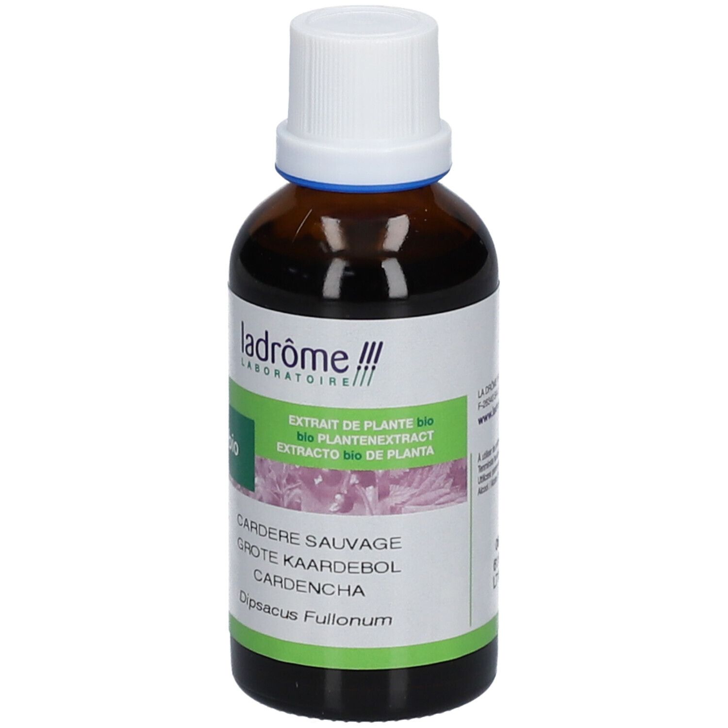 Flacon en verre brun avec bouchon blanc. Texte: Cardère Sauvage, Extrait de plante bio. Certification bio. 50 ml.