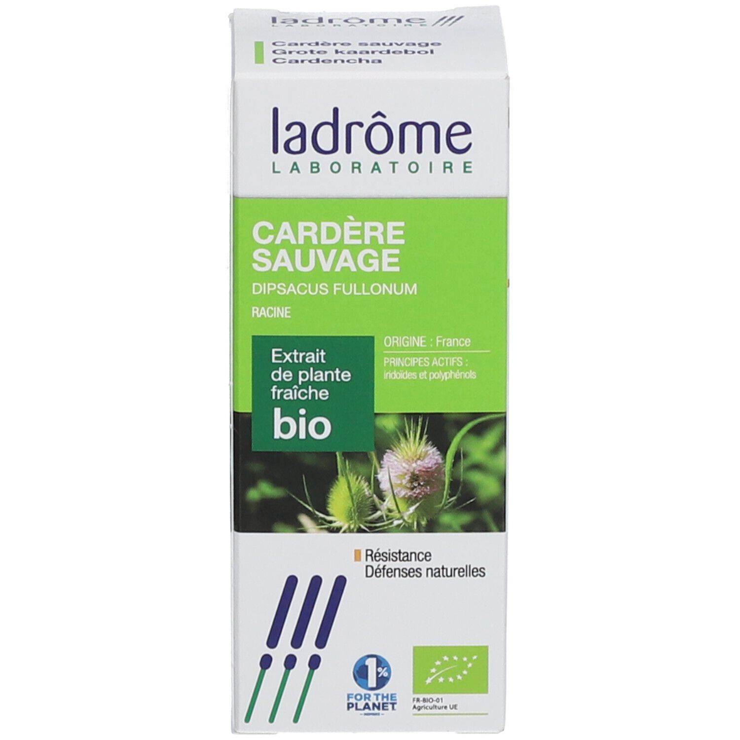 Emballage. Texte: Cardère Sauvage, Extrait de plante fraîche bio. Certification bio. 1% pour la planète.
