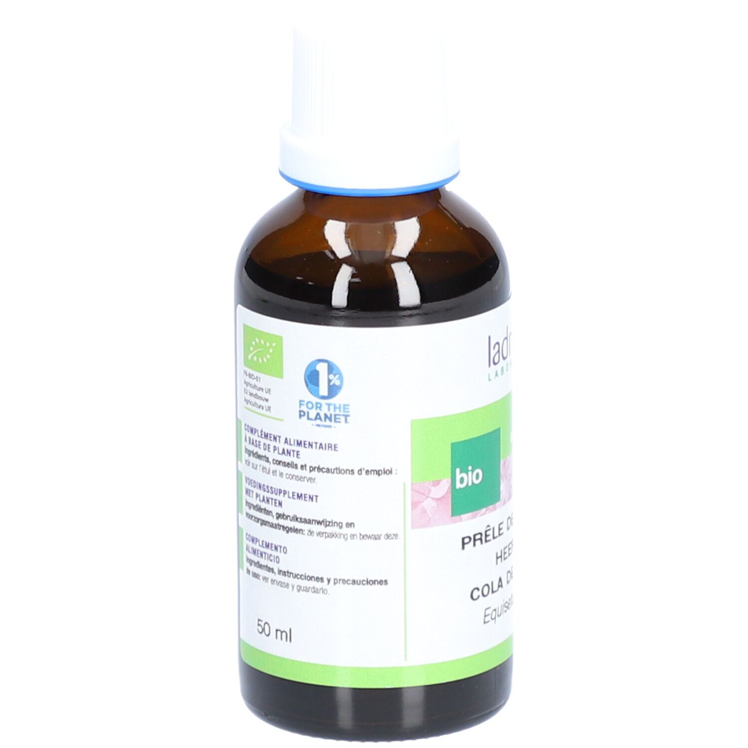 Braune Glasflasche mit weißem Deckel. Etikett mit Produktinformationen, Bio-Siegel und '1% for the Planet'.