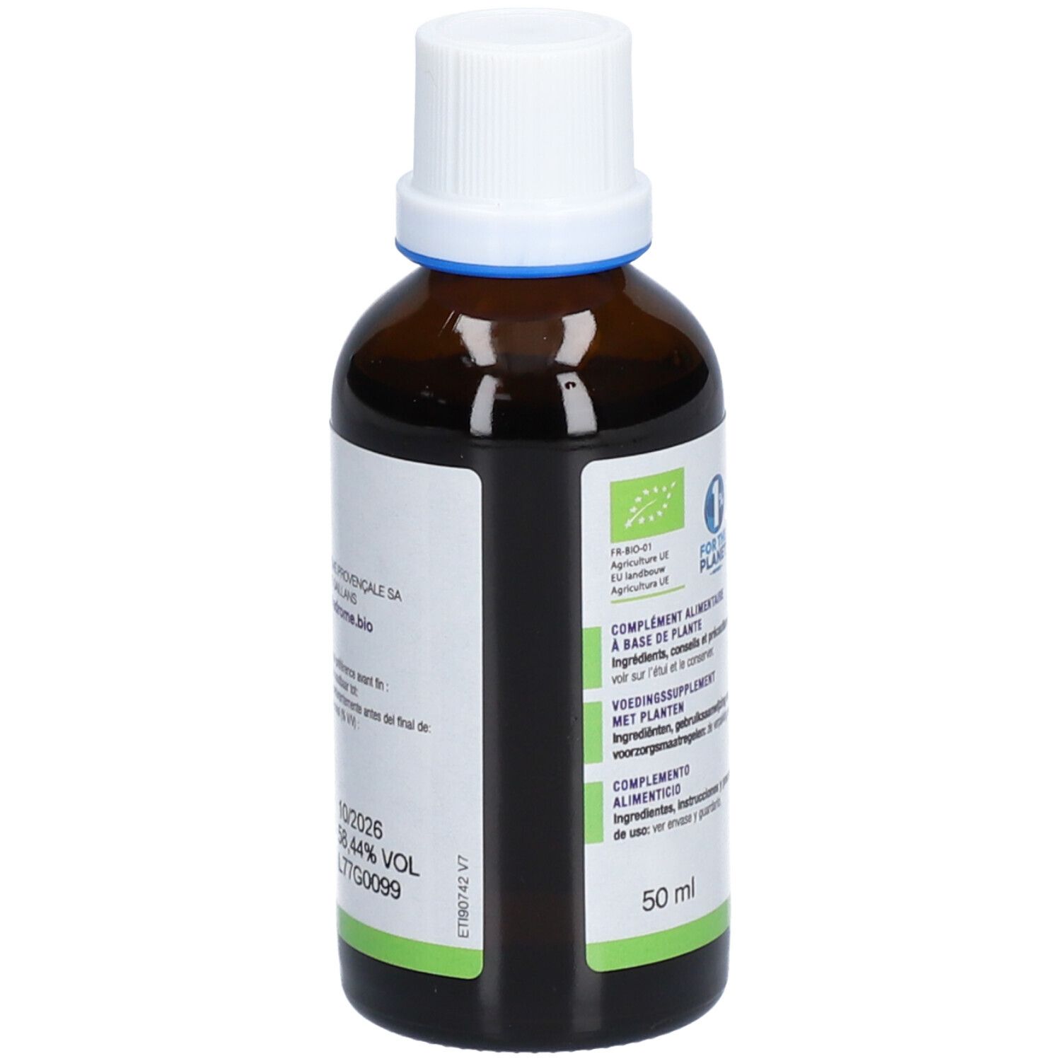 Braune Glasflasche mit weißem Deckel. Rückseite mit Produktinformationen und Text in mehreren Sprachen. 50 ml.