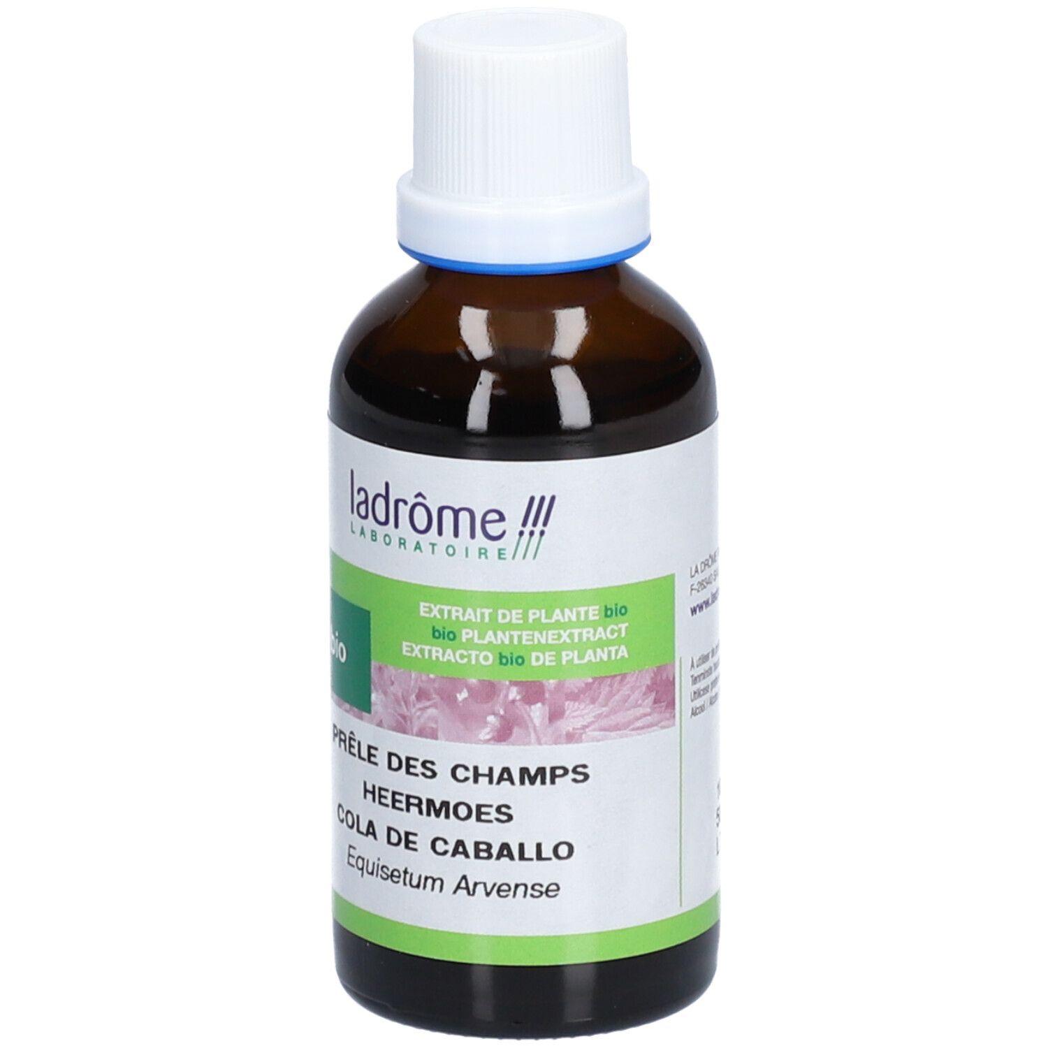 Braune Glasflasche mit weißem Deckel. Etikett mit Produktnamen, Marke, Bio-Siegel und floralem Hintergrund.