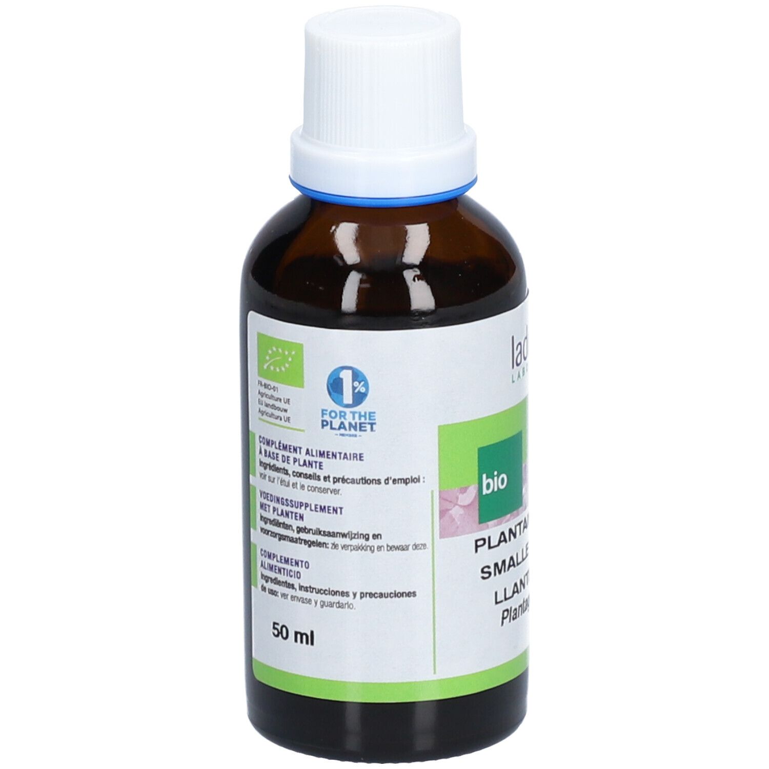 Braune Glasflasche mit weißem Deckel. Etikett mit Produktnamen, Logo und Bio-Zertifizierung. 50 ml.