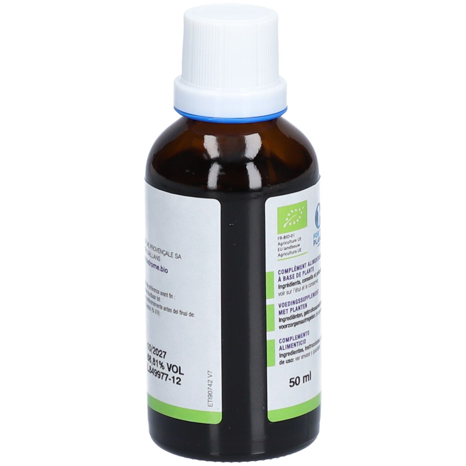 Braune Glasflasche mit weißem Deckel. Etikett mit Produktinformationen und Bio-Zertifizierung. 50 ml.