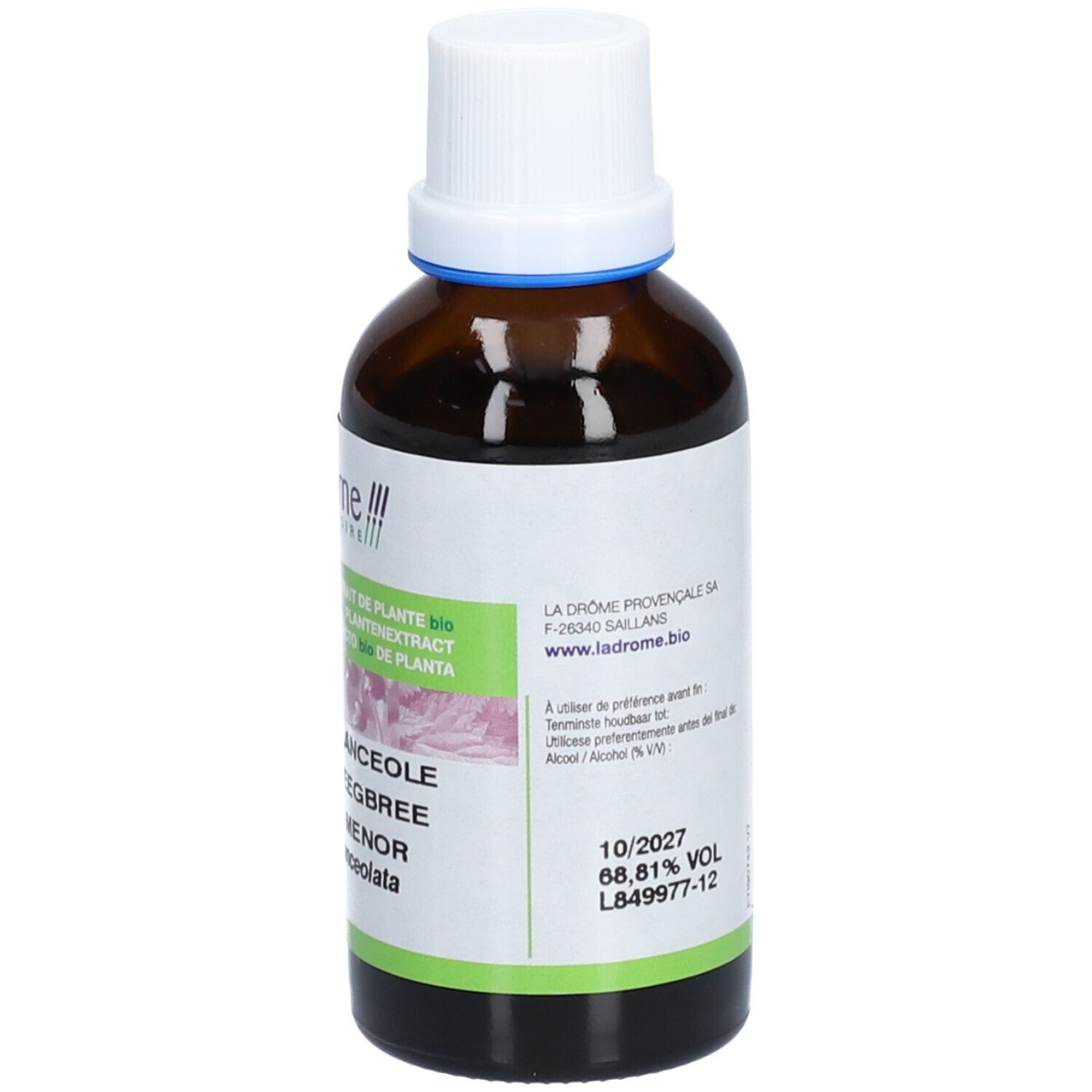 Braune Glasflasche mit weißem Deckel. Etikett mit Produktinformationen, Logo und Bio-Zertifizierung. 50 ml.