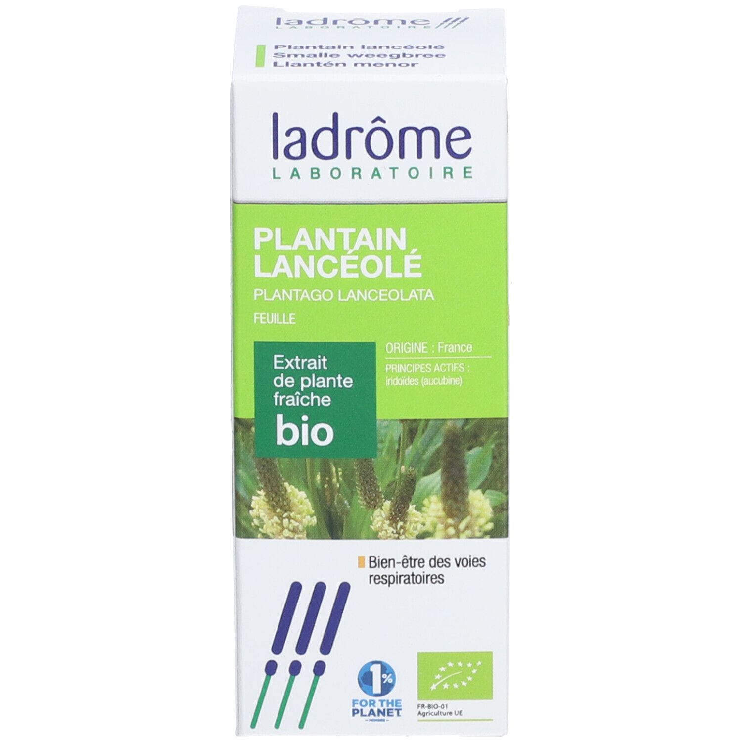 Verpackung mit Produktnamen, Logo und Bio-Zertifizierung. Grüne und weiße Farbgebung.