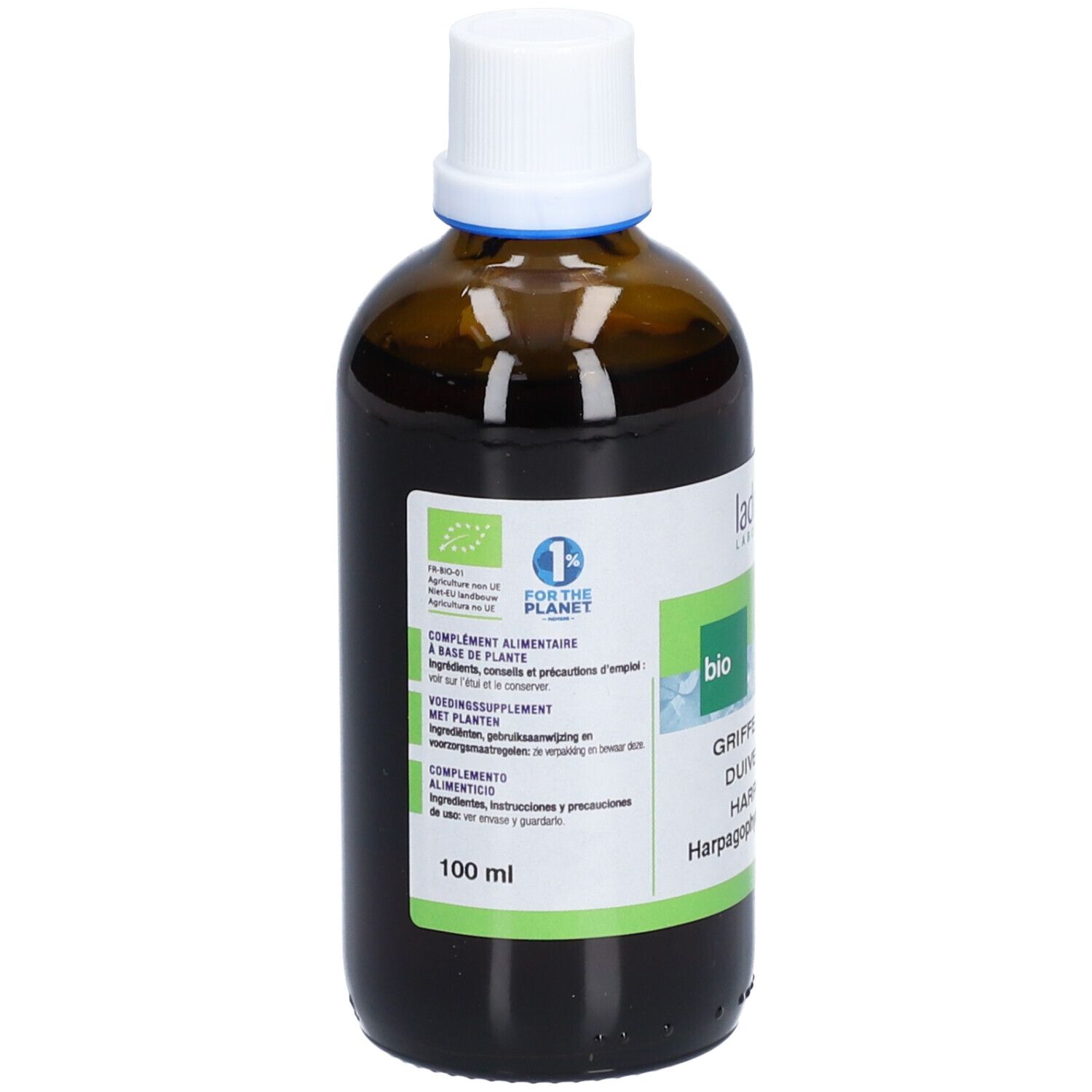Bruine glazen fles met witte dop. Etiket met productnaam, bio-keurmerk en 100 ml. Tekst in het Frans, Duits, Nederlands en Italiaans.