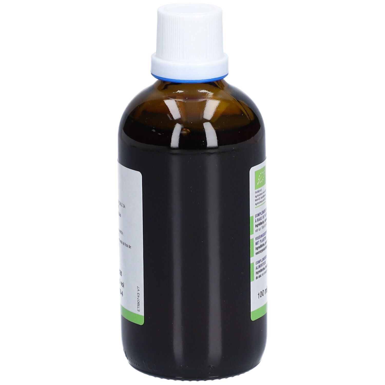Bruine glazen fles met witte dop. Etiket met productinformatie. Geen andere details zichtbaar.