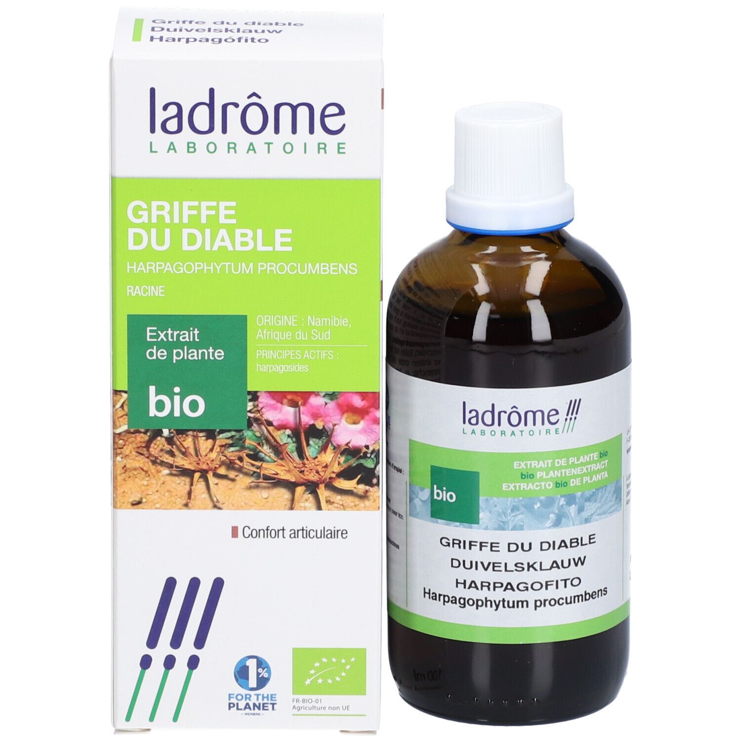 Productfles en verpakking. Verpakking met productnaam, bio-keurmerk en illustratie. Fles ernaast.