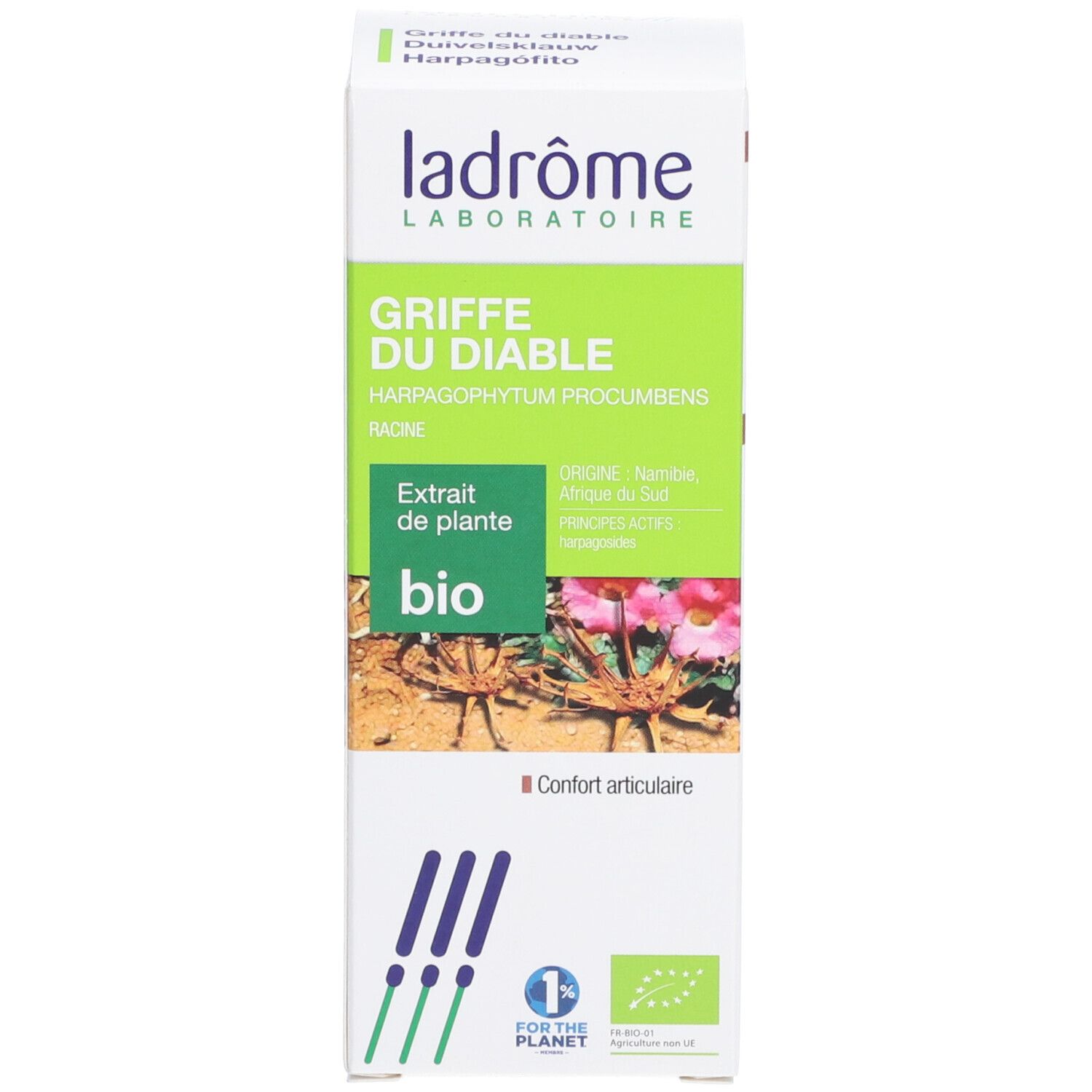 Productverpakking. Verpakking met productnaam, bio-keurmerk en illustratie. Tekst in het Frans.