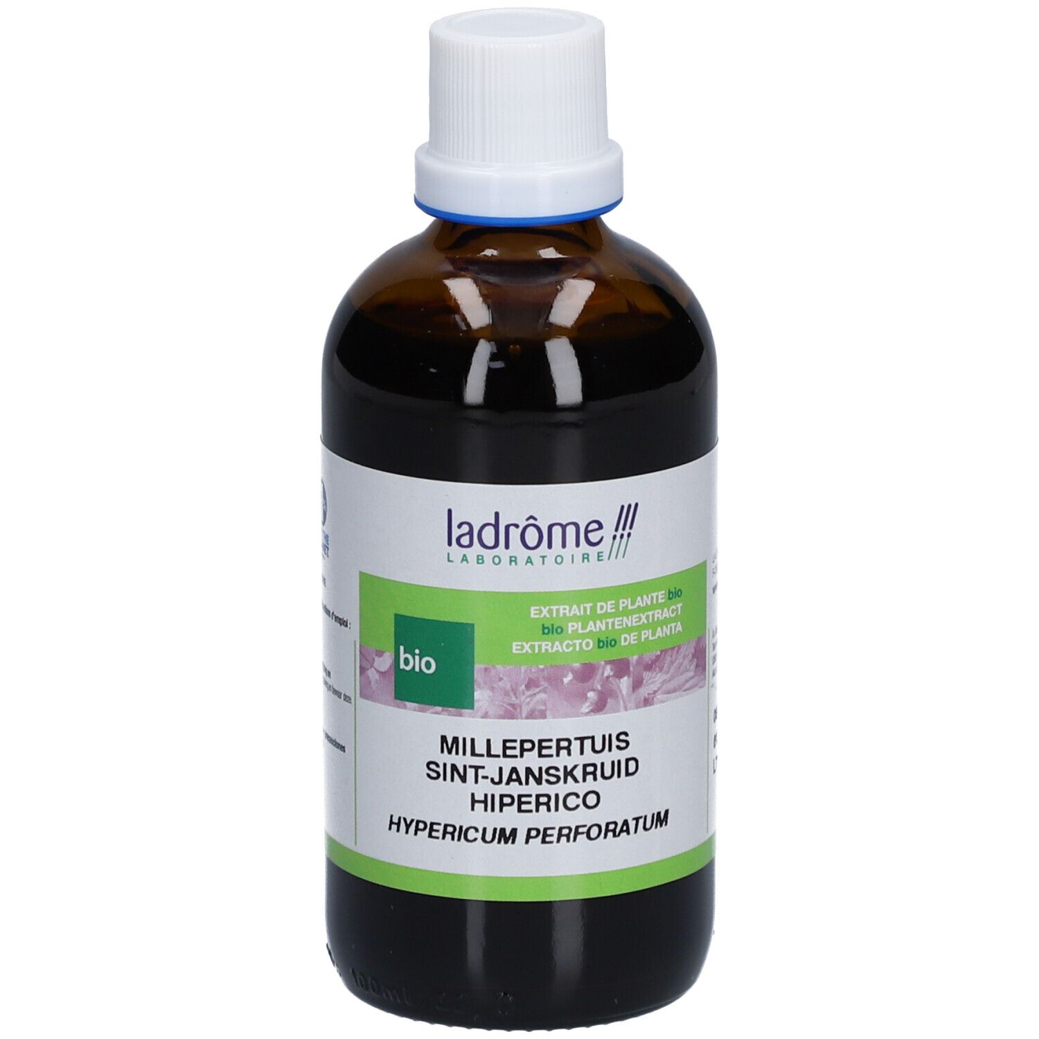 Flacon en verre brun avec bouchon blanc. Étiquette avec nom du produit et label bio. Marque Ladrôme.
