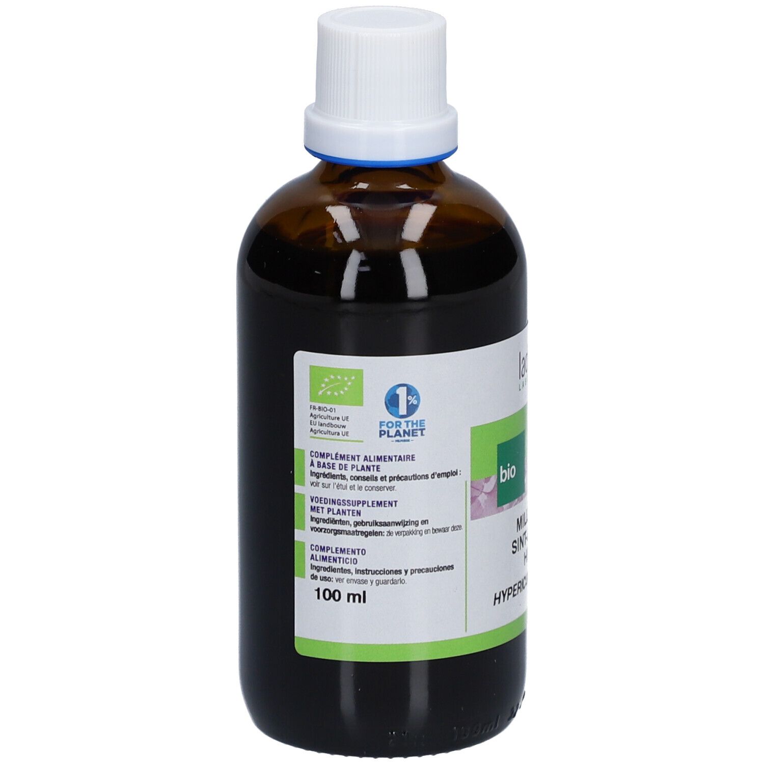 Flacon en verre brun avec bouchon blanc. Étiquette avec informations produit et label bio. 100 ml.