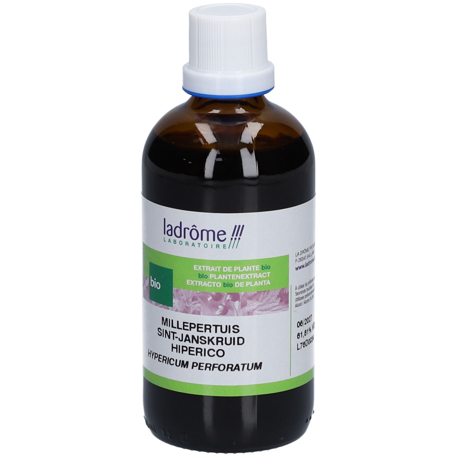 Flacon en verre brun avec bouchon blanc. Étiquette avec nom du produit et label bio. Marque Ladrôme.