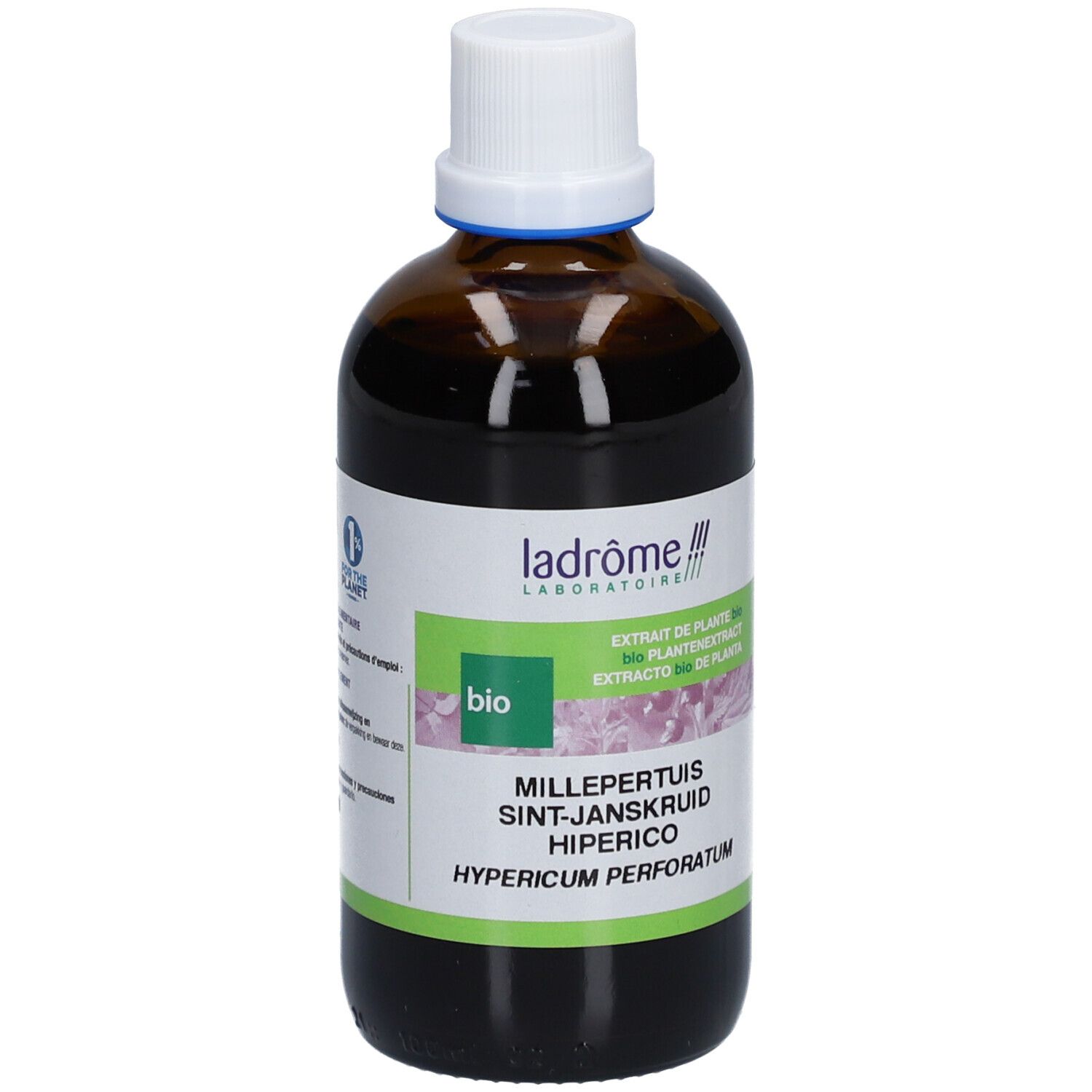 Flacon en verre brun avec bouchon blanc. Étiquette avec nom du produit et label bio. Marque Ladrôme.