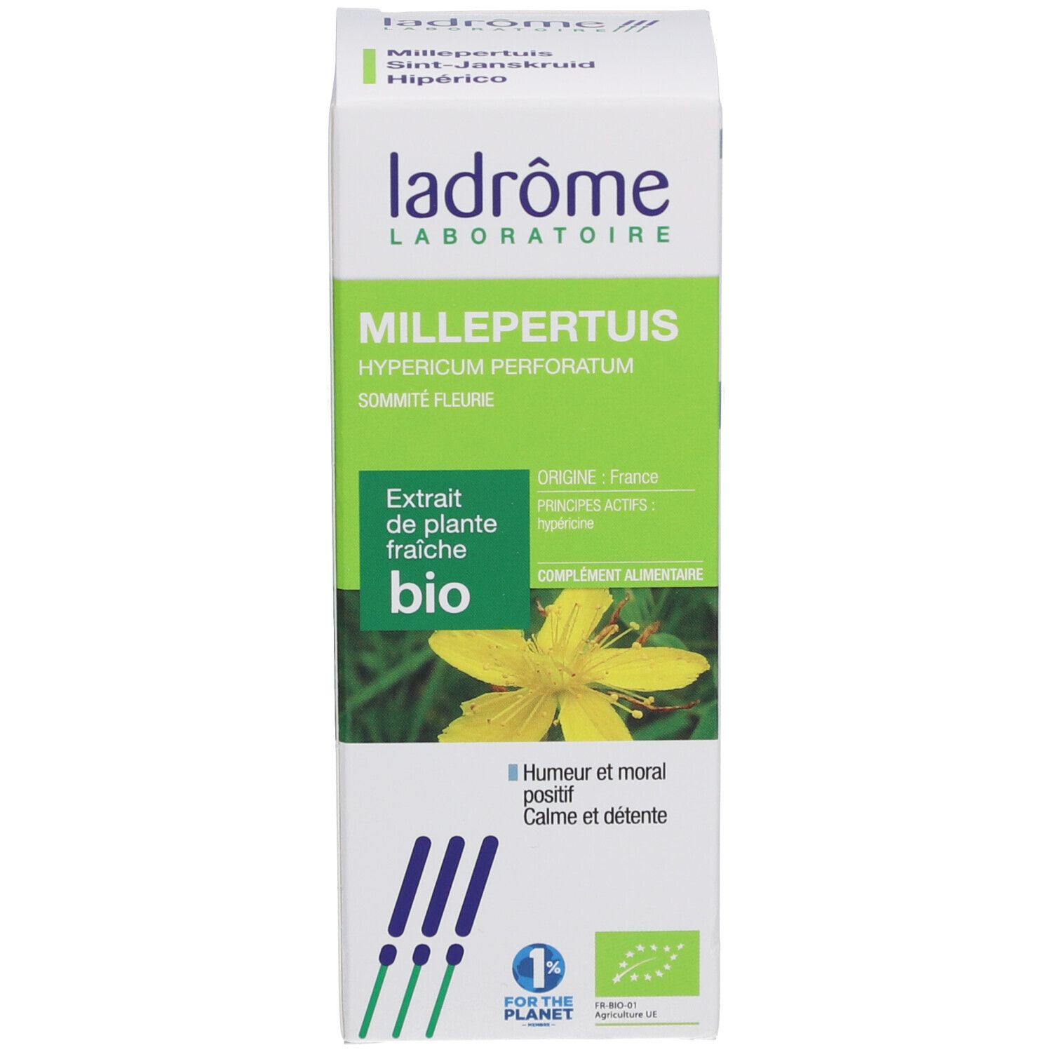 Emballage carton avec informations produit. Label bio, nom du produit, marque Ladrôme.