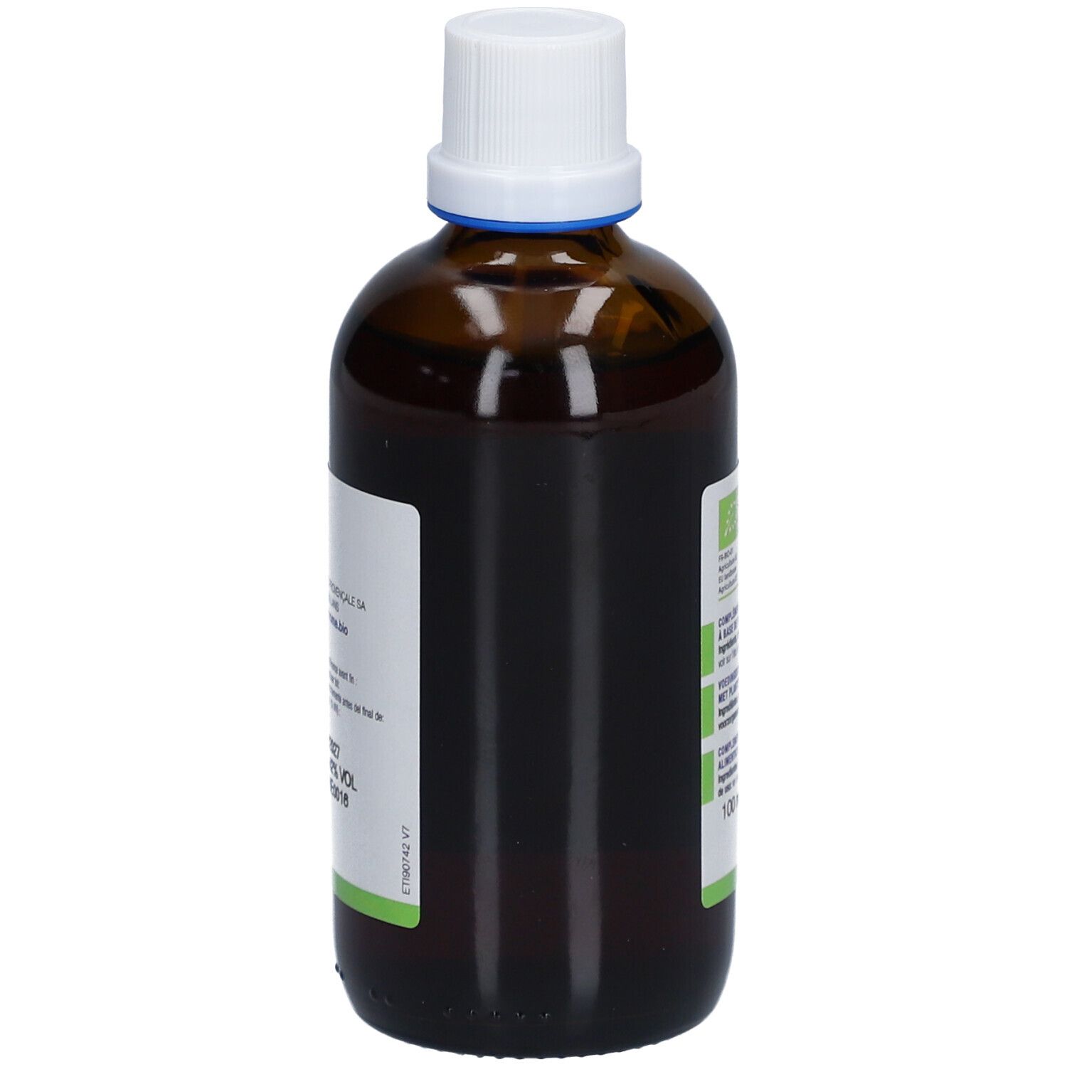 Bruine glazen fles met witte dop. Etiket met tekst in meerdere talen. Bio-certificering. Zijaanzicht.