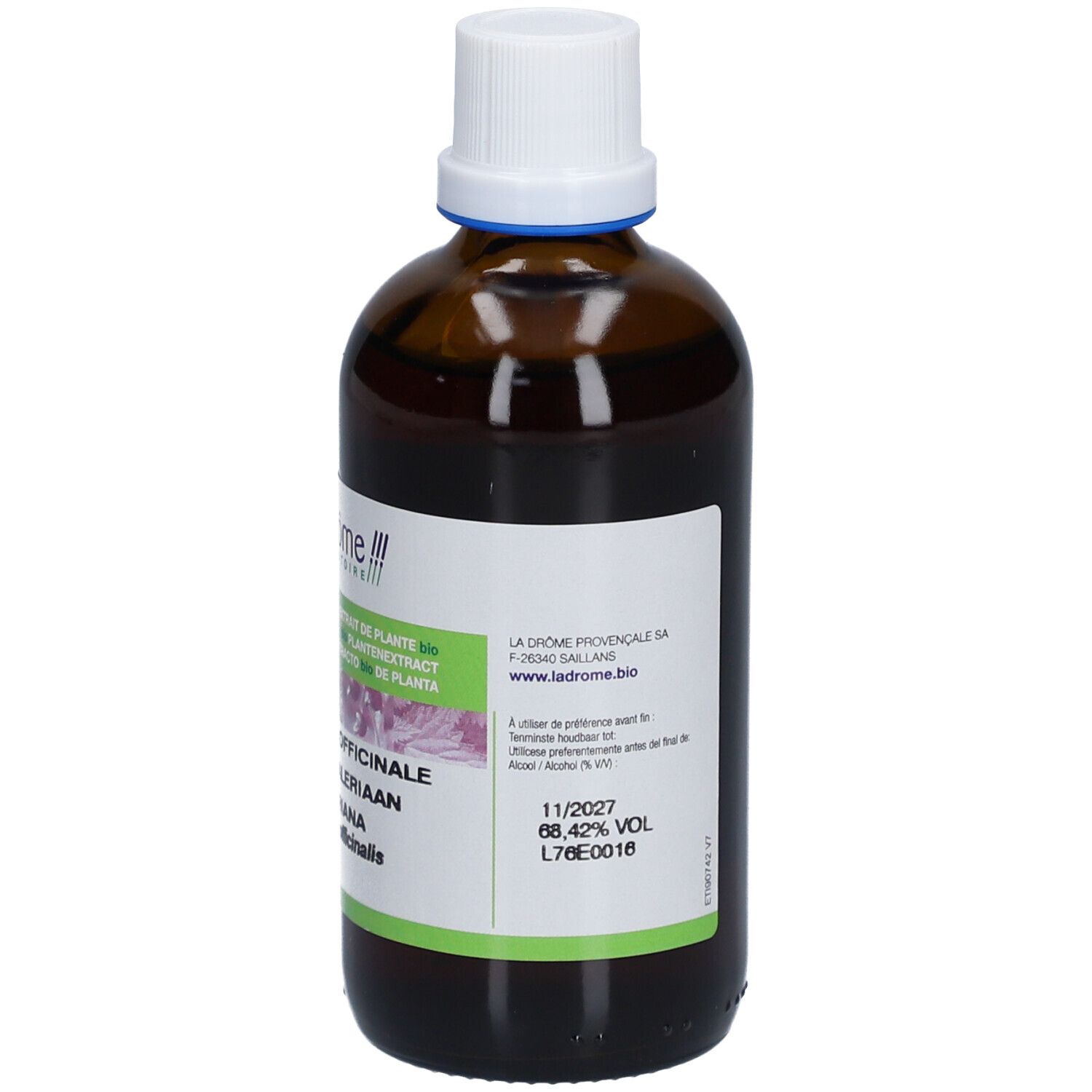 Bruine glazen fles met witte dop. Etiket met tekst in meerdere talen. Bio-certificering. Houdbaarheidsdatum.