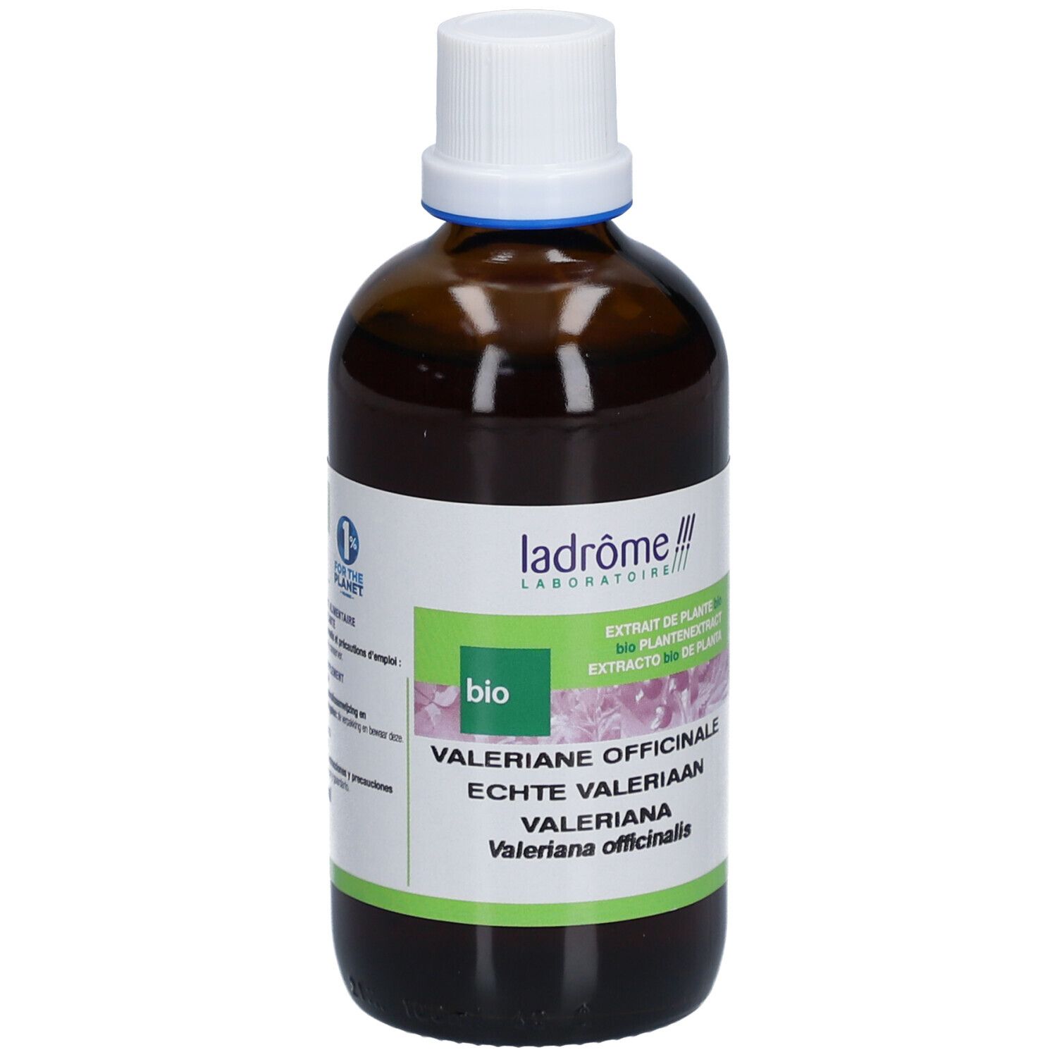 Bruine glazen fles met witte dop. Etiket met tekst in meerdere talen. Bio-certificering.