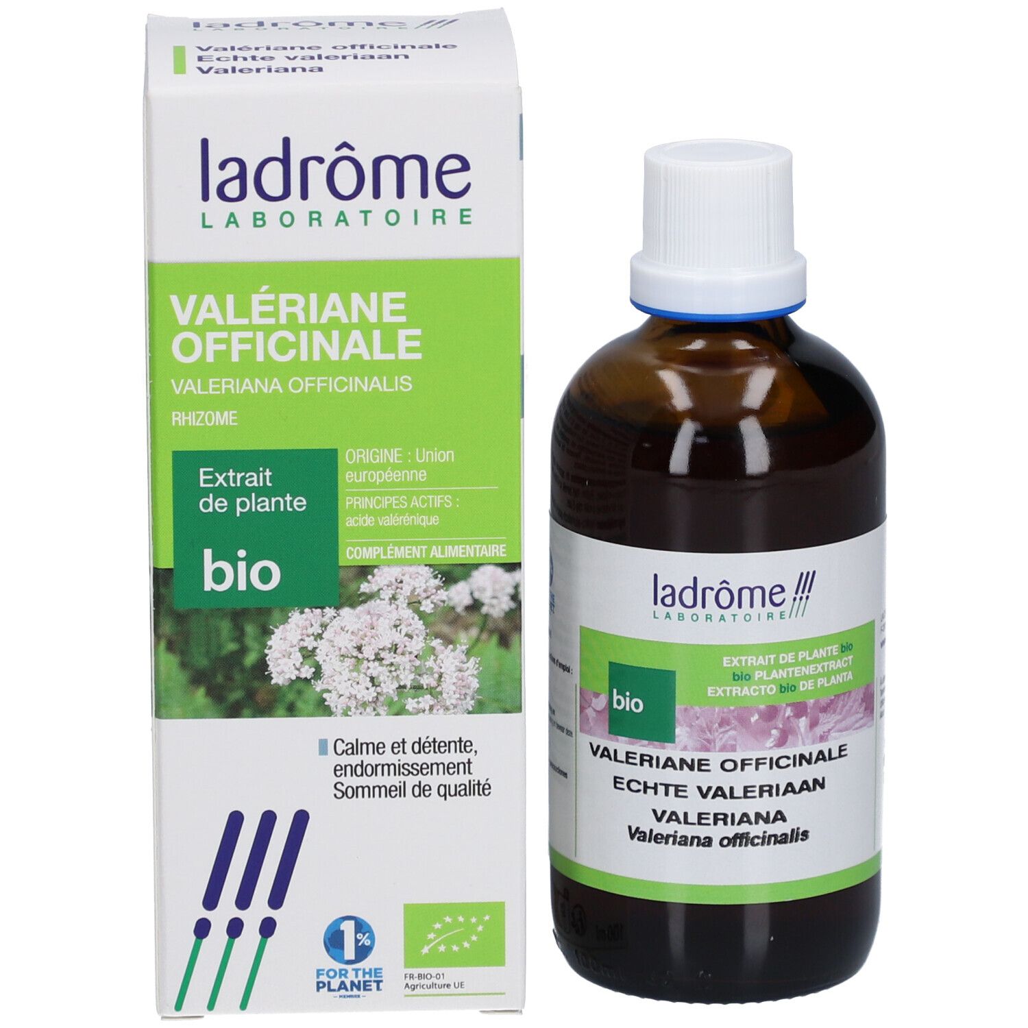 Productfles en doos. Fles: bruin glas, witte dop. Doos: wit-groen, tekst, bio-certificering.
