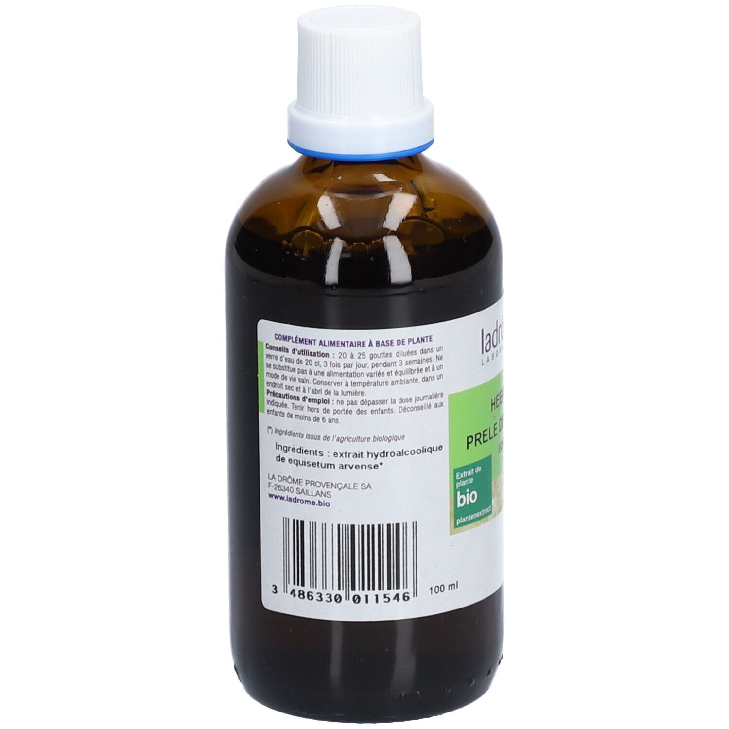 Flacon en verre brun avec bouchon blanc. Étiquette avec informations produit et code-barres. Marque : Ladrôme.