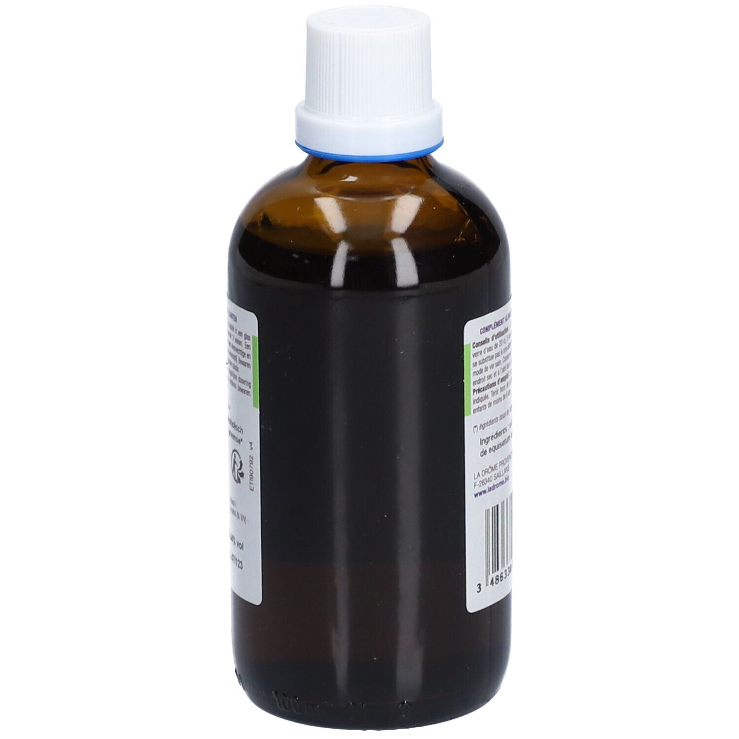 Flacon en verre brun avec bouchon blanc. Étiquette avec informations produit et code-barres. Marque : Ladrôme.