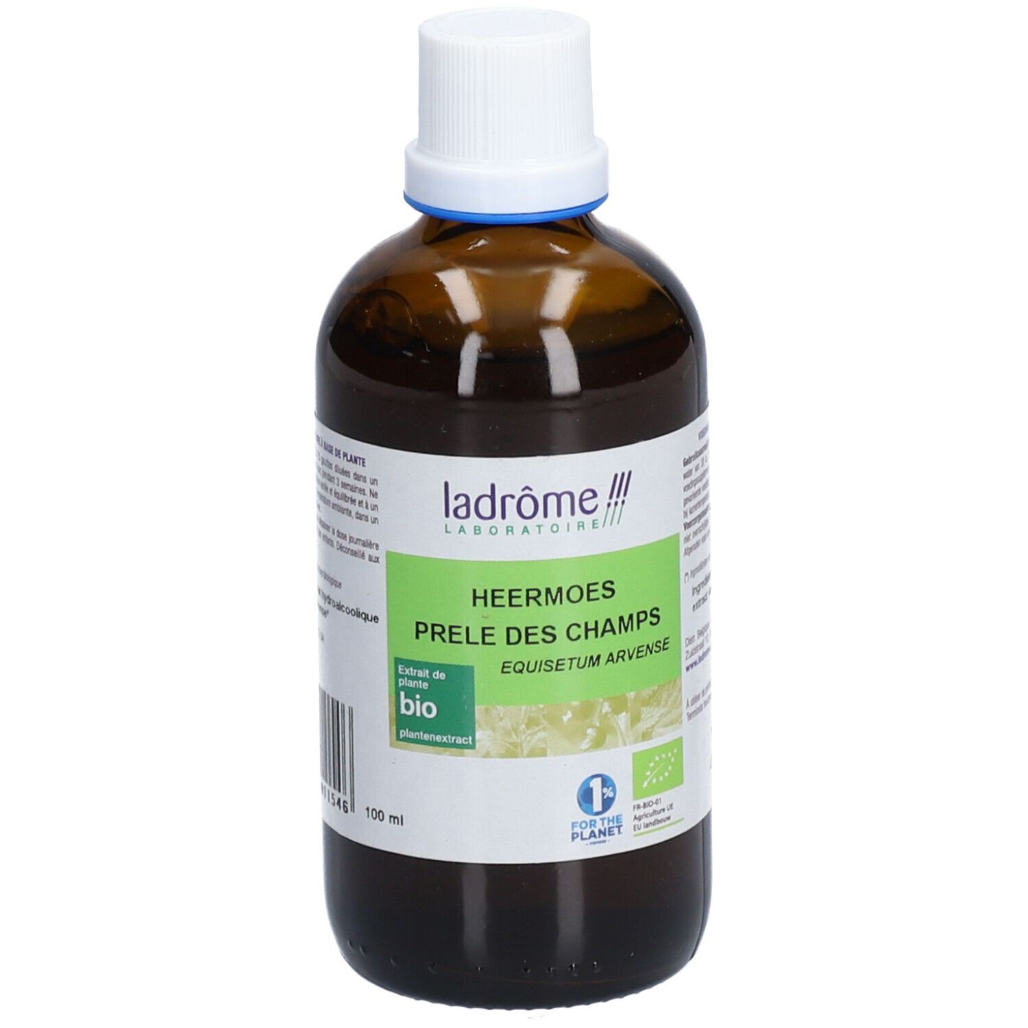 Flacon en verre brun avec bouchon blanc. Étiquette avec nom du produit et label bio. Marque : Ladrôme.