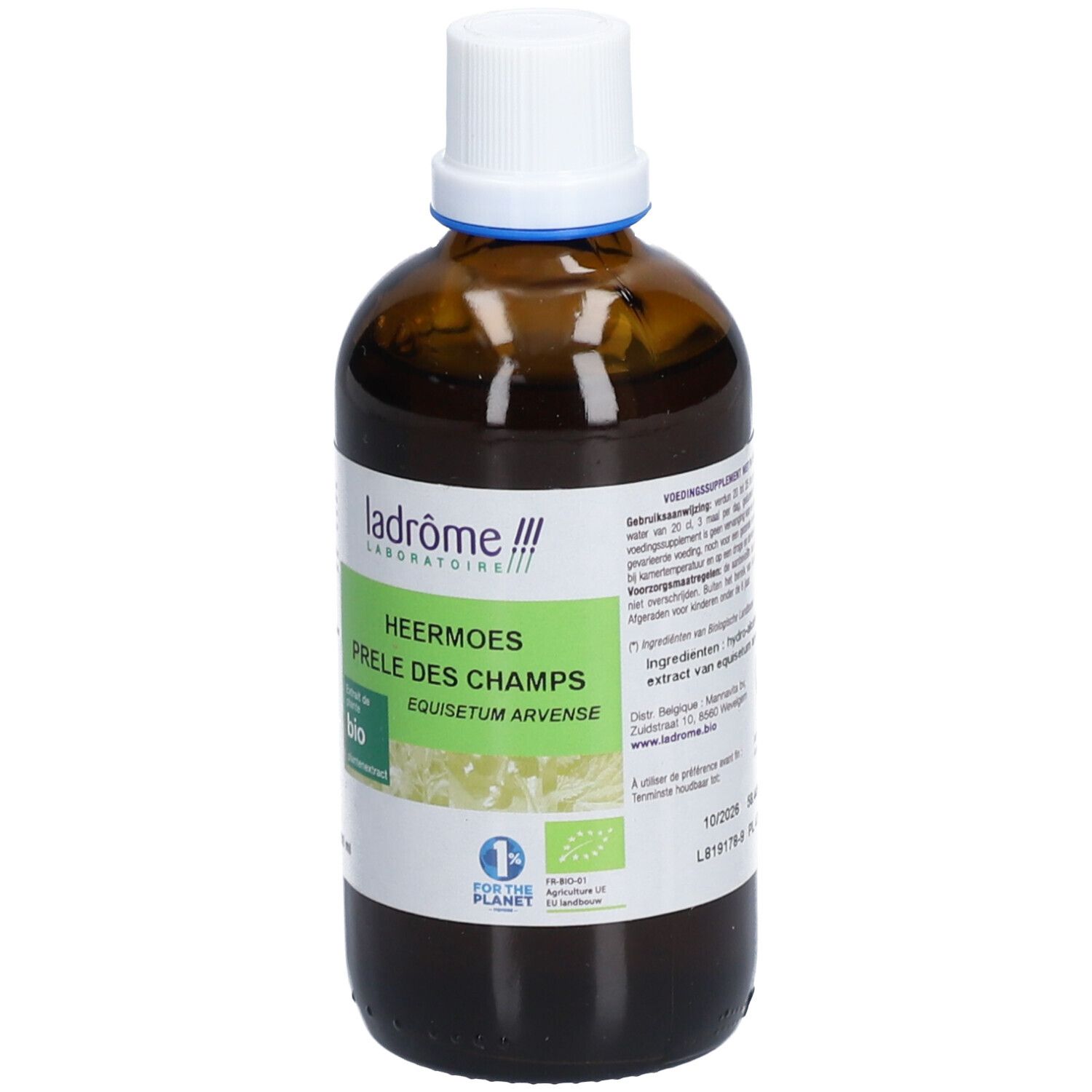 Flacon en verre brun avec bouchon blanc. Étiquette avec nom du produit et label bio. Marque : Ladrôme.