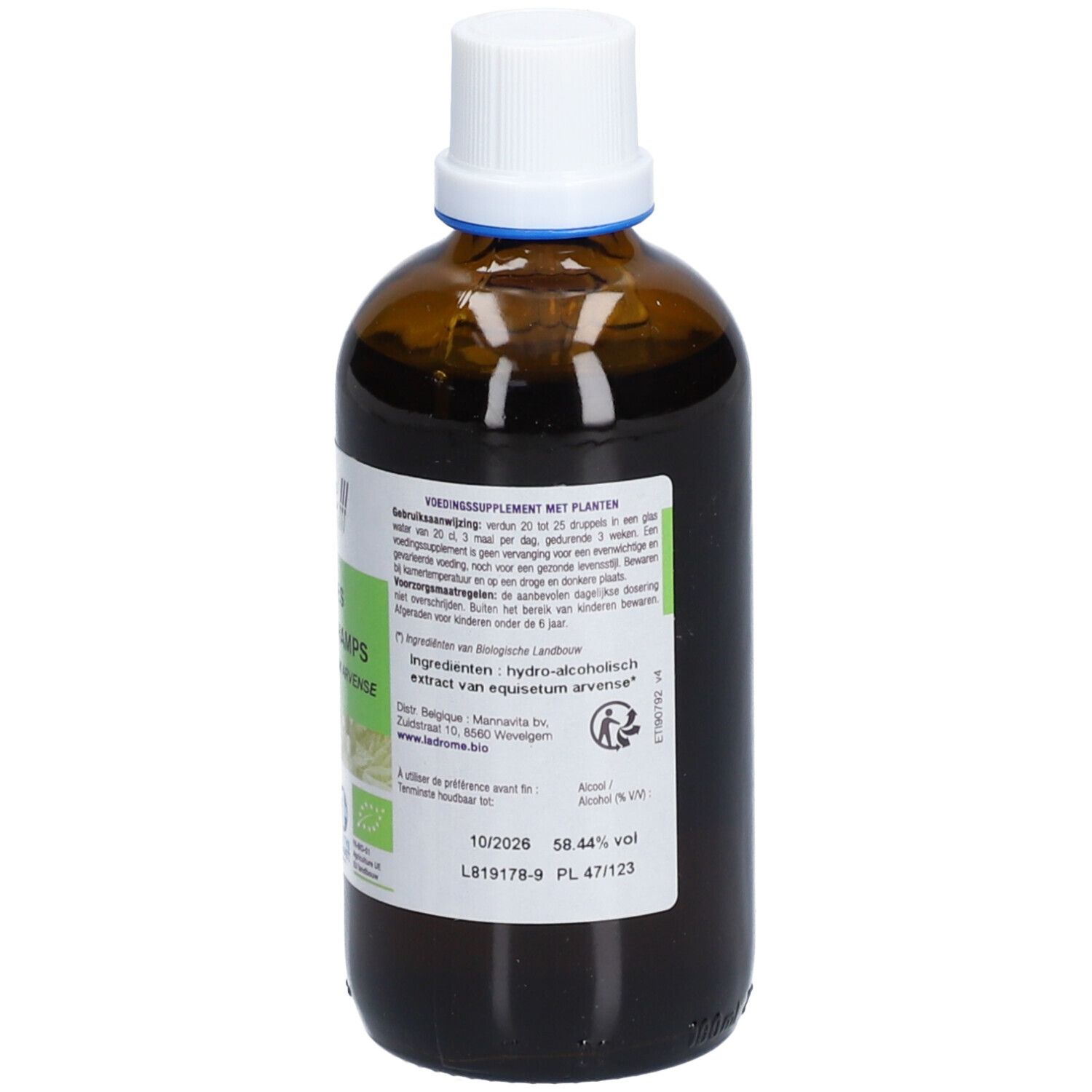 Flacon en verre brun avec bouchon blanc. Étiquette avec informations produit, label bio et teneur en alcool. Marque : Ladrôme.
