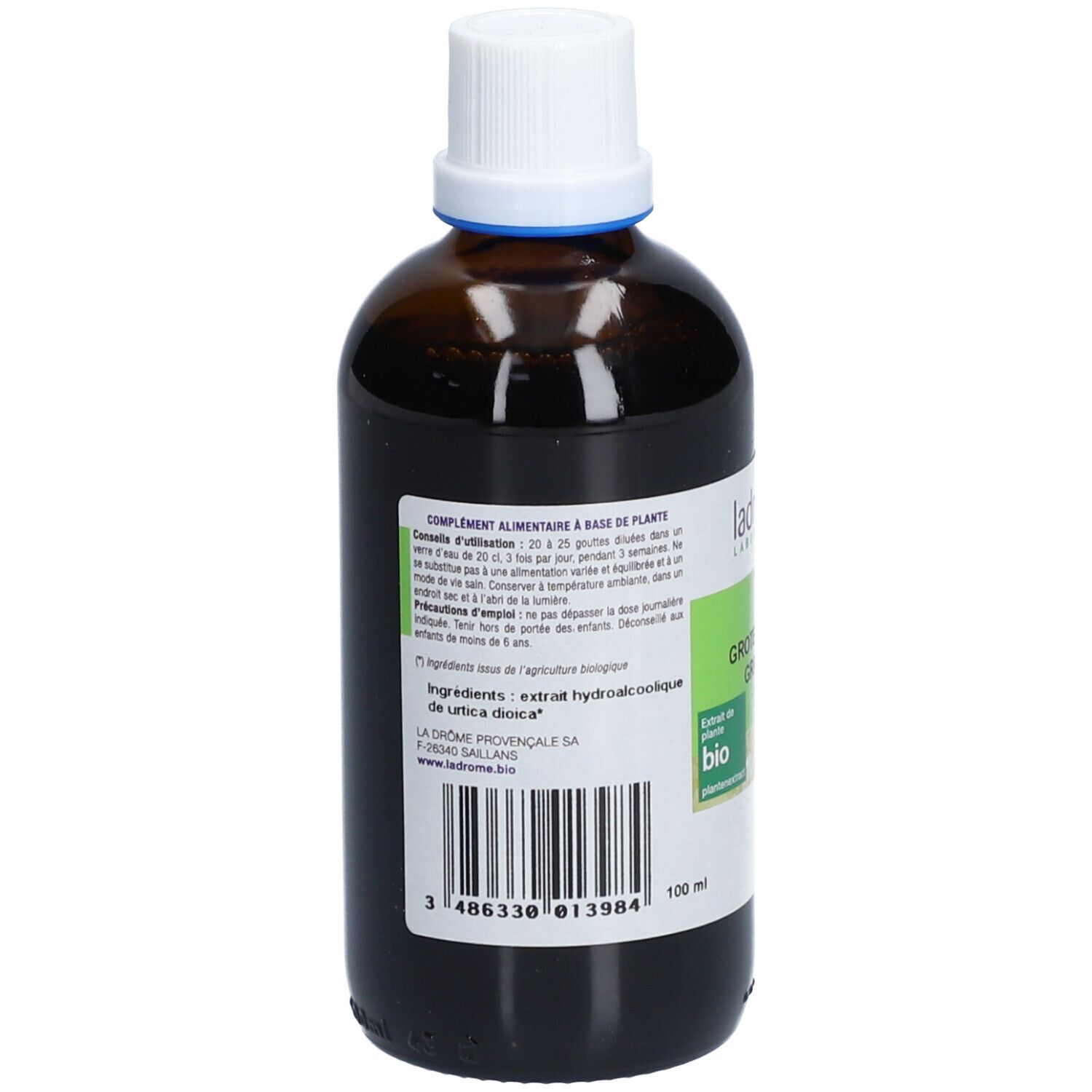 Rückseite einer braunen Glasflasche mit weißem Deckel. Etikett mit Inhaltsstoffen, Barcode und Herstellerinformationen.