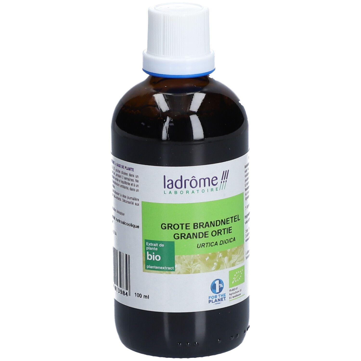 Braune Glasflasche mit weißem Deckel. Etikett mit Produktbezeichnung und Bio-Siegel. Text: Grote Brandnetel, Urtica dioica.