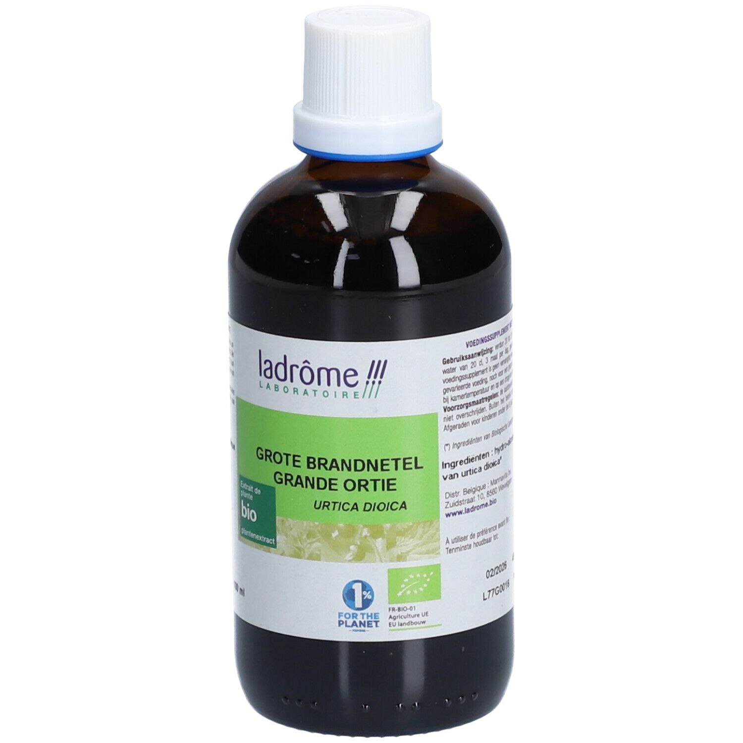 Braune Glasflasche mit weißem Deckel. Etikett mit Produktbezeichnung und Bio-Siegel. Text: Grote Brandnetel, Urtica dioica.
