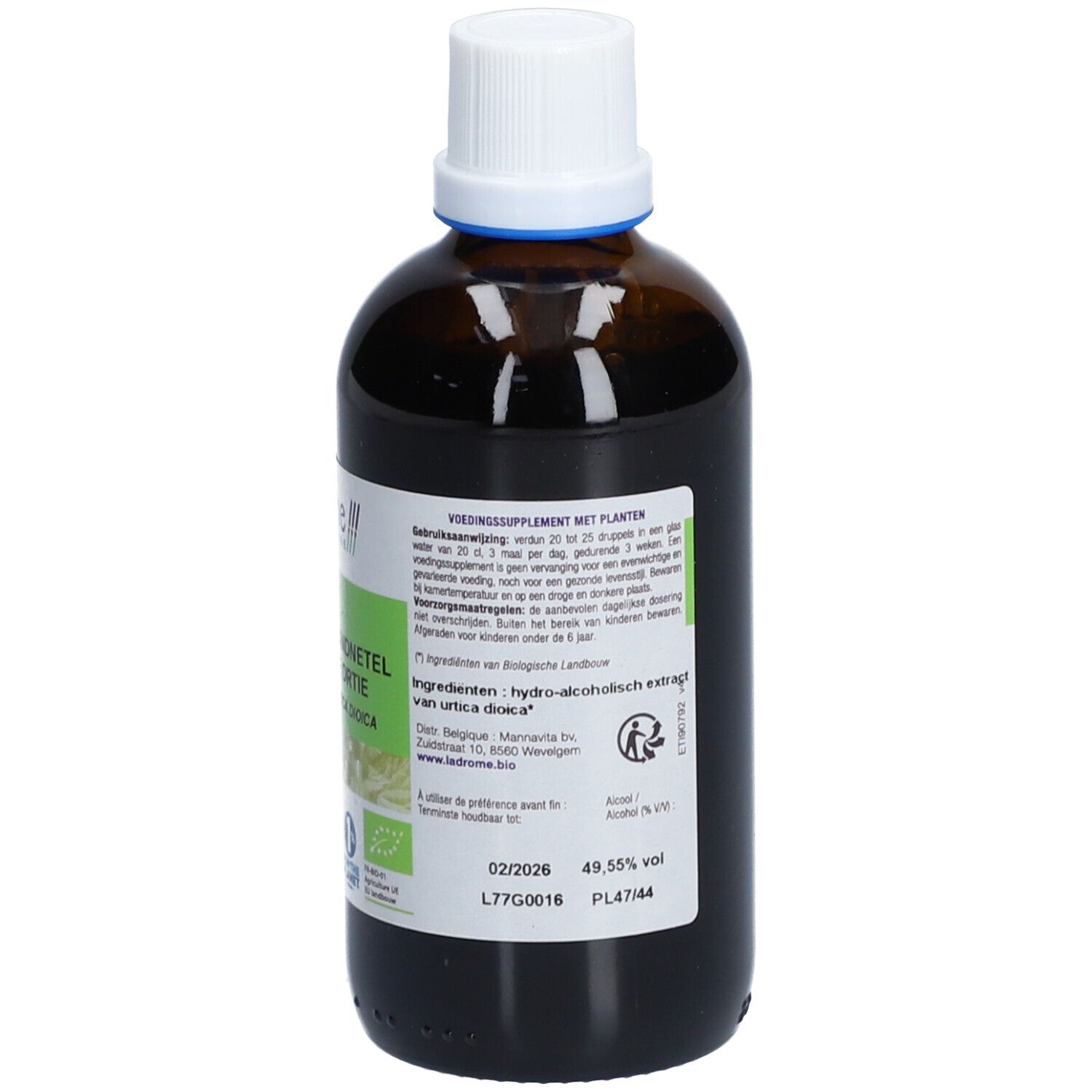 Braune Glasflasche mit weißem Deckel. Etikett mit Produktinformationen, Bio-Siegel und Alkoholgehalt.