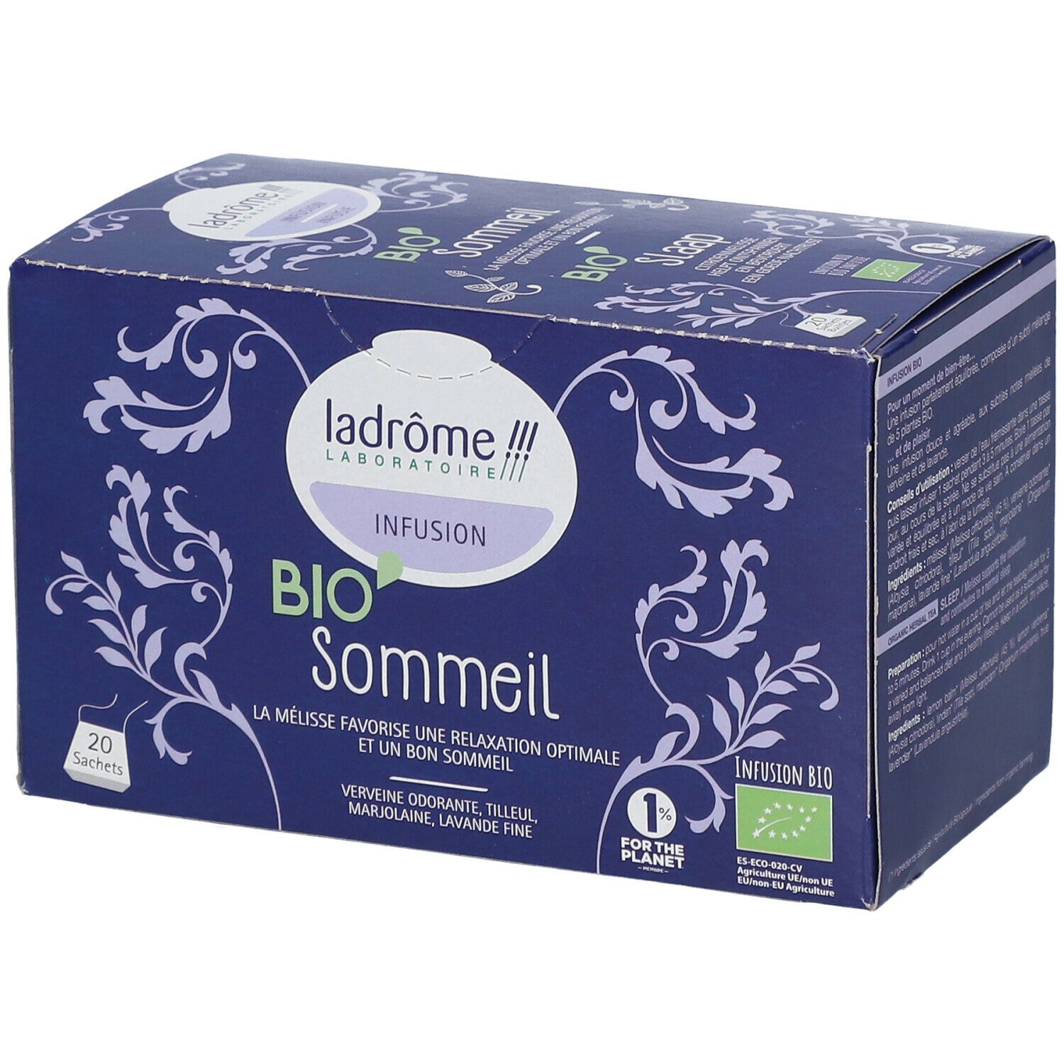 Blauwe doos met "ladrôme BIO Sommeil Infusion". 20 zakjes. Bio-label.