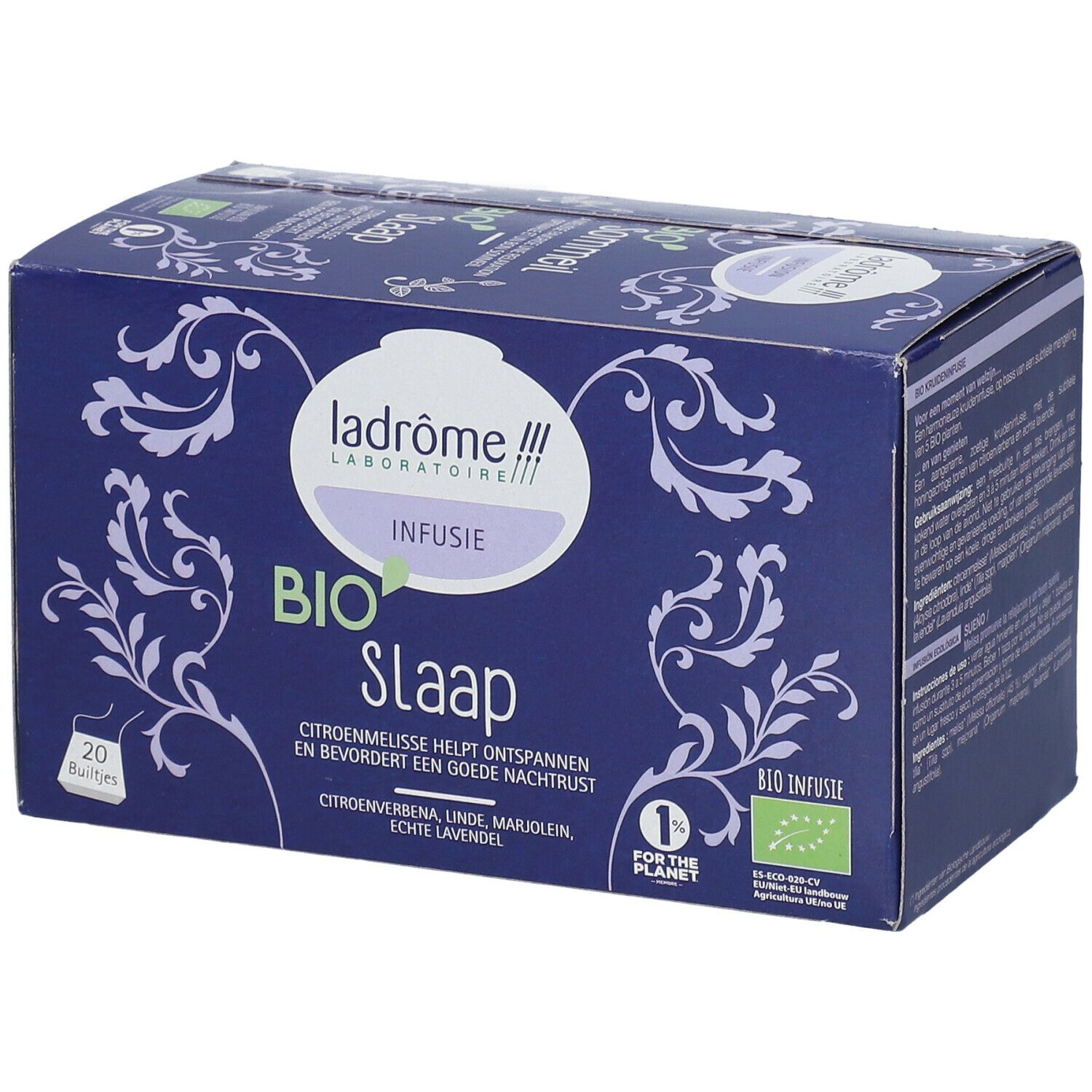Blauwe doos met "ladrôme BIO Slaap Infusie". 20 zakjes. Bio-label.