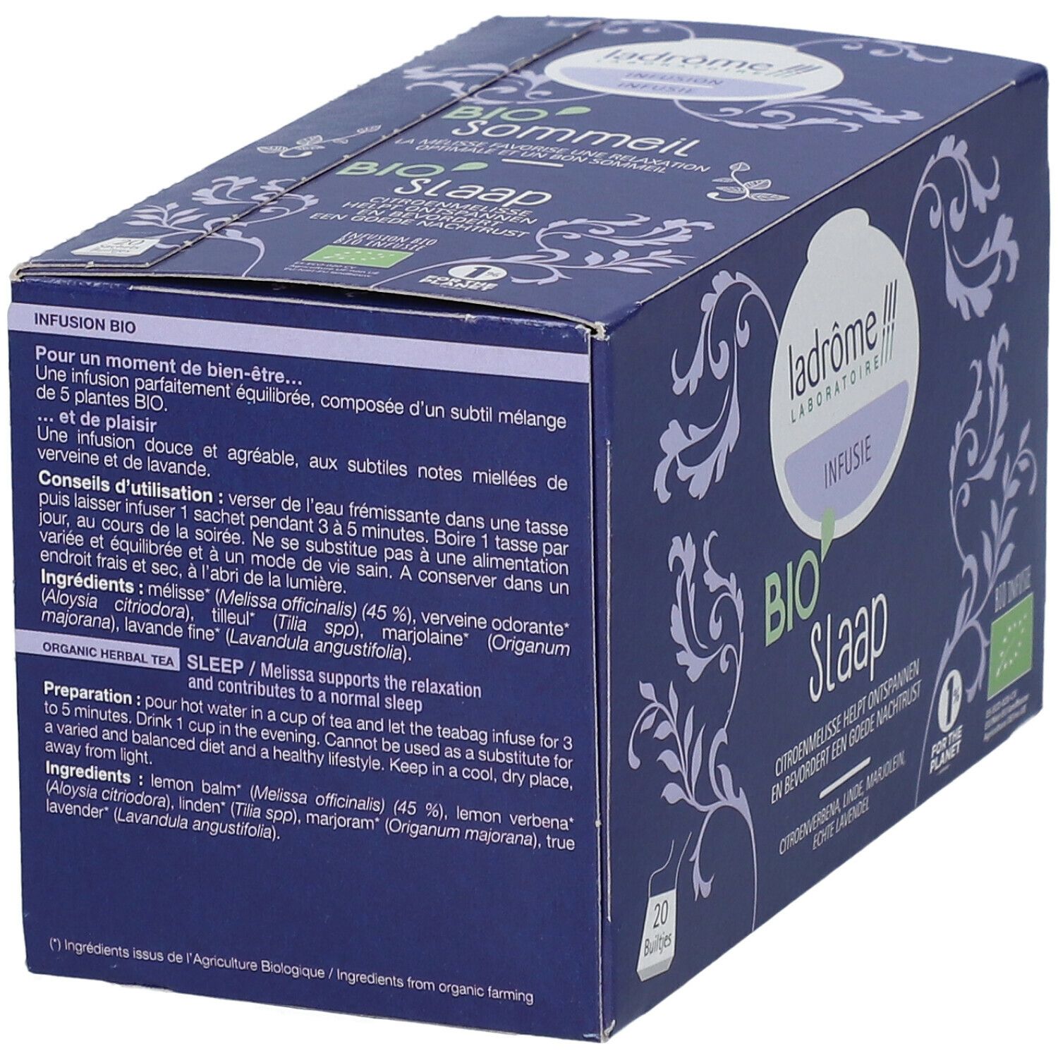 Blauwe doos met tekst. Ingrediënten en gebruiksaanwijzing. Bio-label.