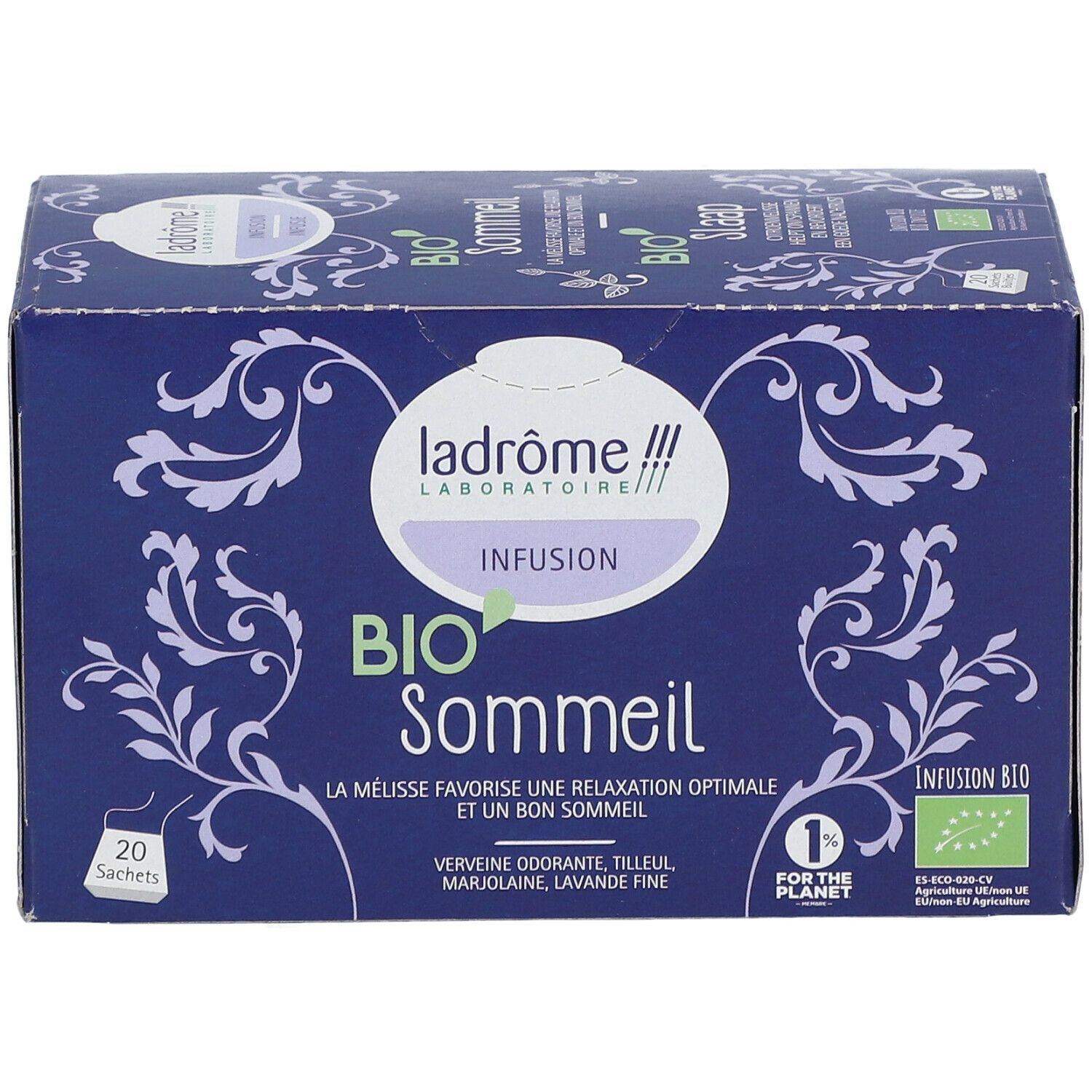 Blauwe doos met "ladrôme BIO Sommeil Infusion". 20 zakjes. Bio-label.