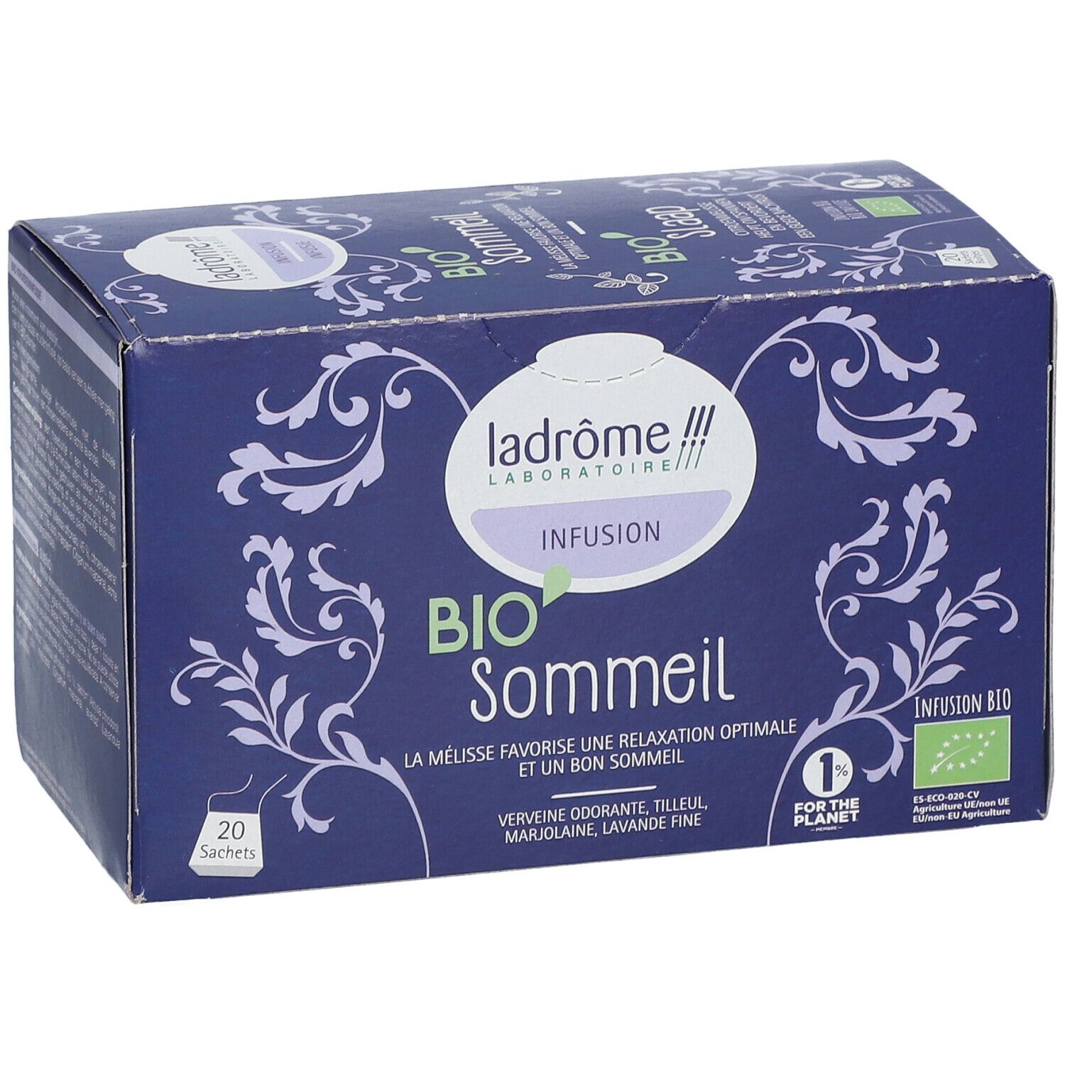 Blauwe doos met "ladrôme BIO Sommeil Infusion". 20 zakjes. Bio-label.
