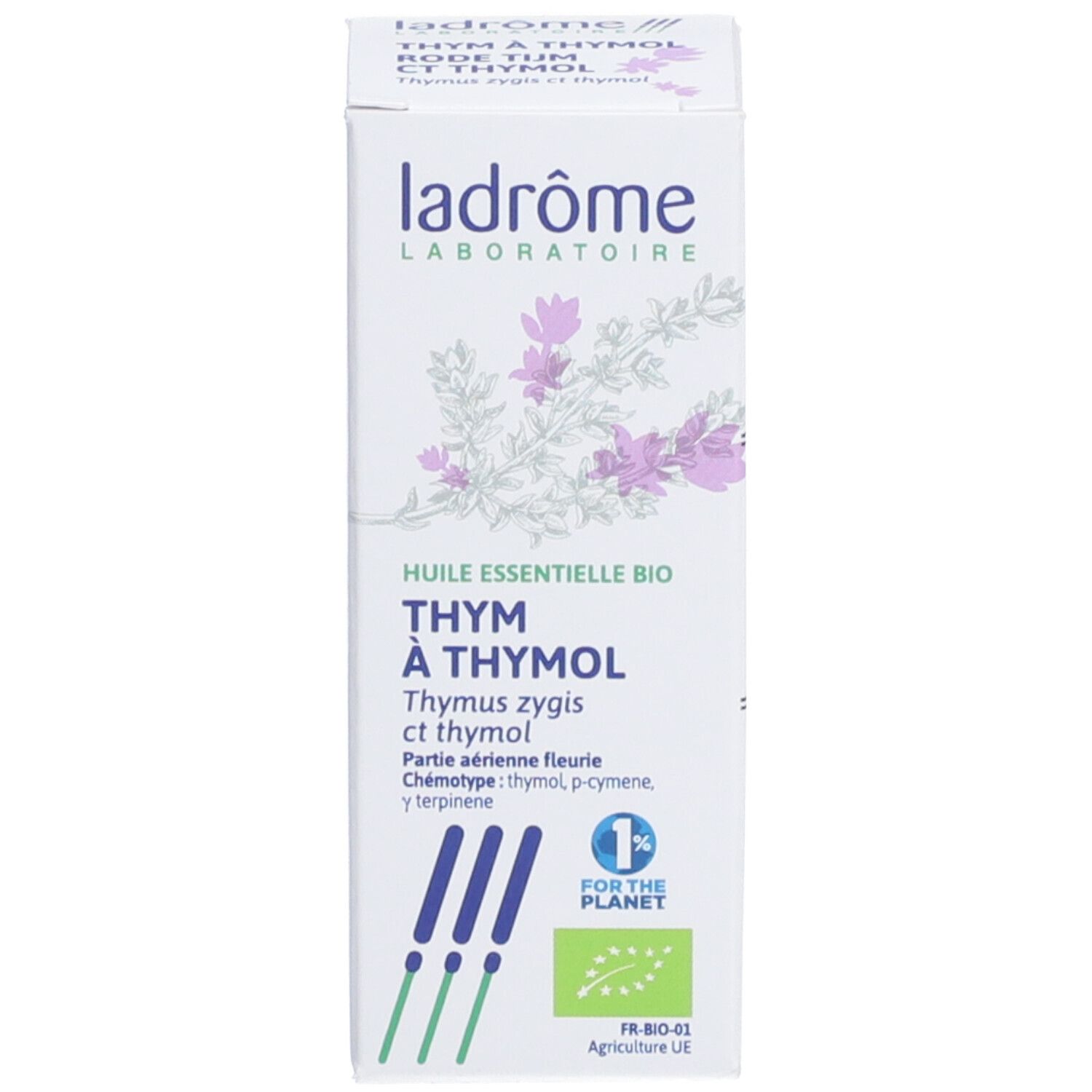 Emballage carton avec nom du produit, logo et certifications. Flacon à côté.